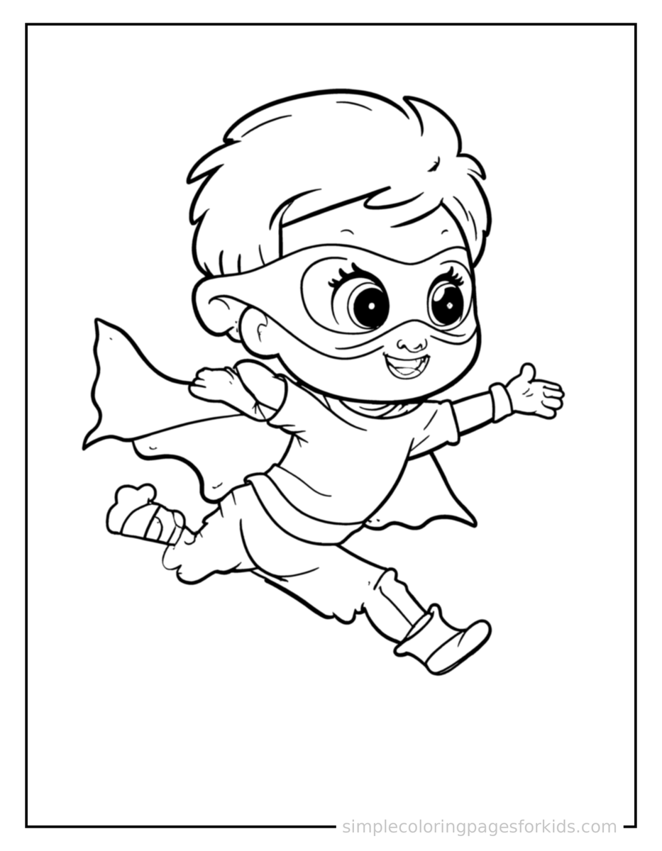 Jumping Kid Superhero With A Cape And Mask Coloring Page