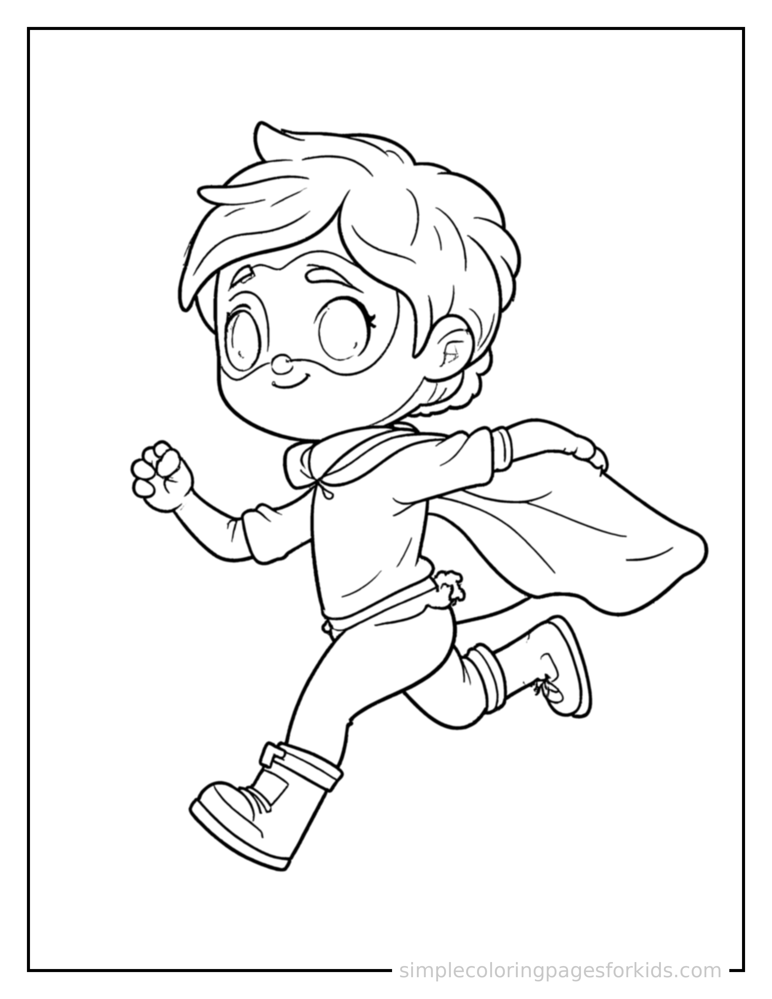 Free printable kid superhero with a cape and mask coloring page featuring a cute kid superhero with a cape and mask running forward at full speed, arms pumping, big happy grin.