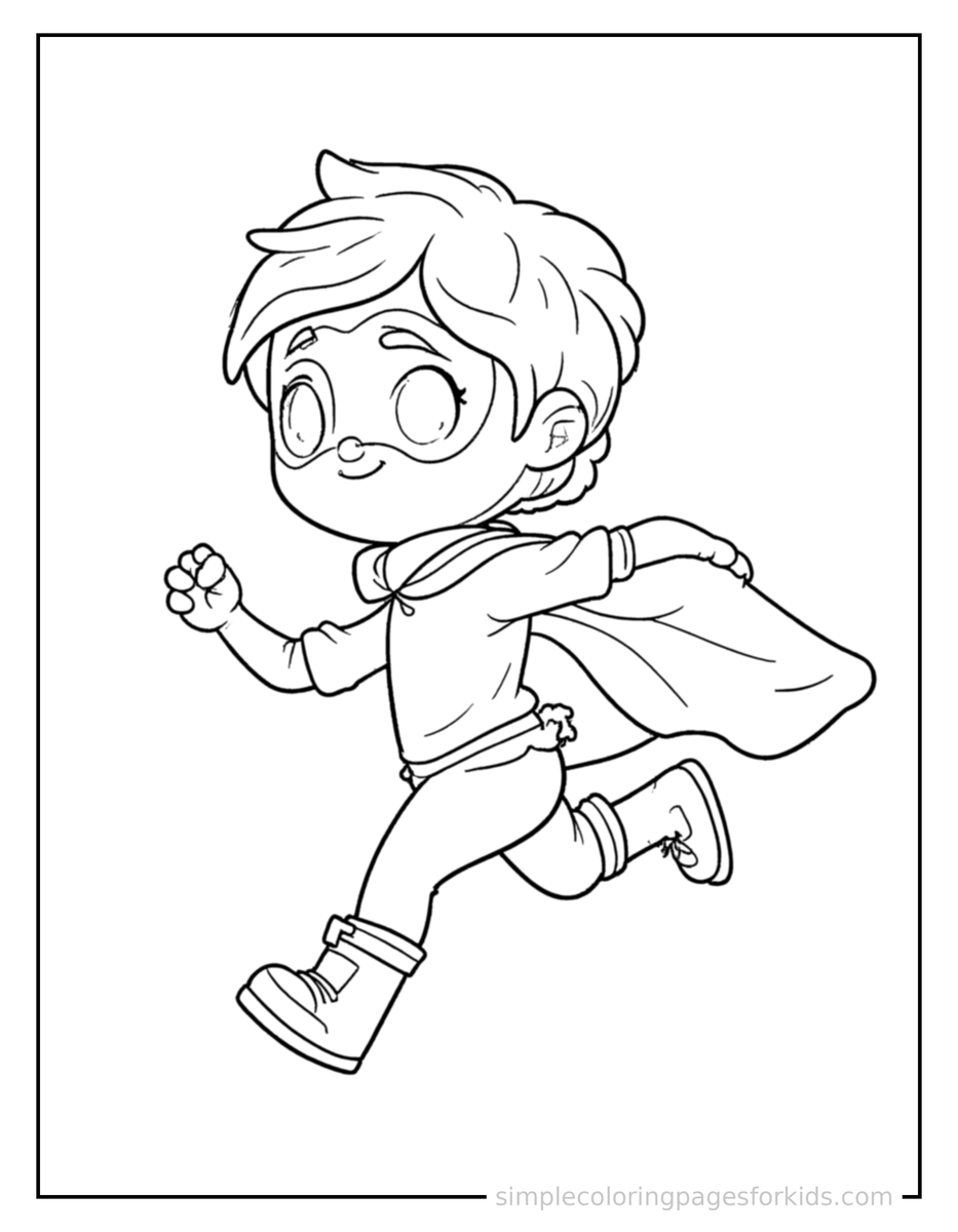 Running Kid Superhero With A Cape And Mask Coloring Page