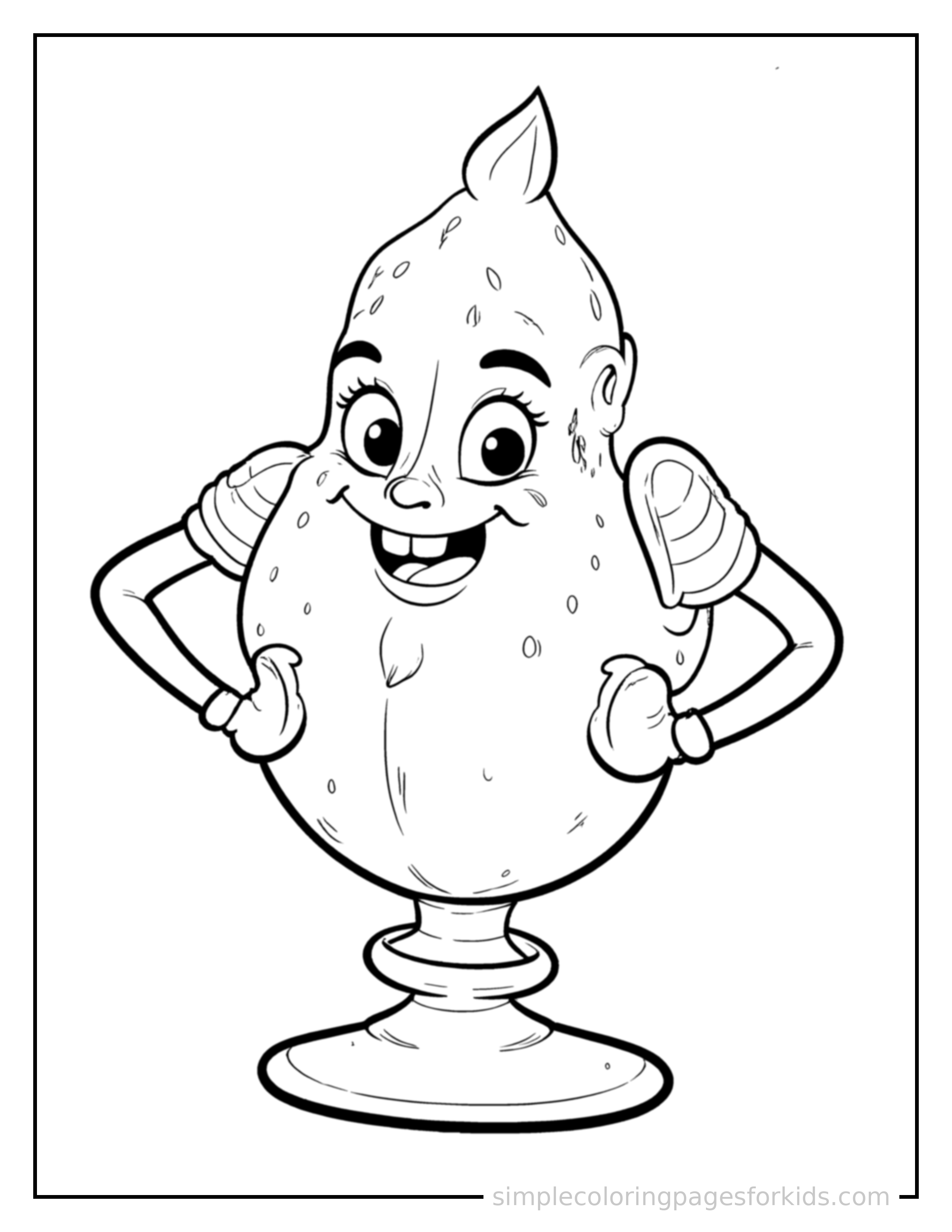 Free printable magic genie lamp with sparkles coloring page featuring a cute magic genie lamp with sparkles standing proudly with hands on hips, chest out, big sparkling happy eyes and open smile.