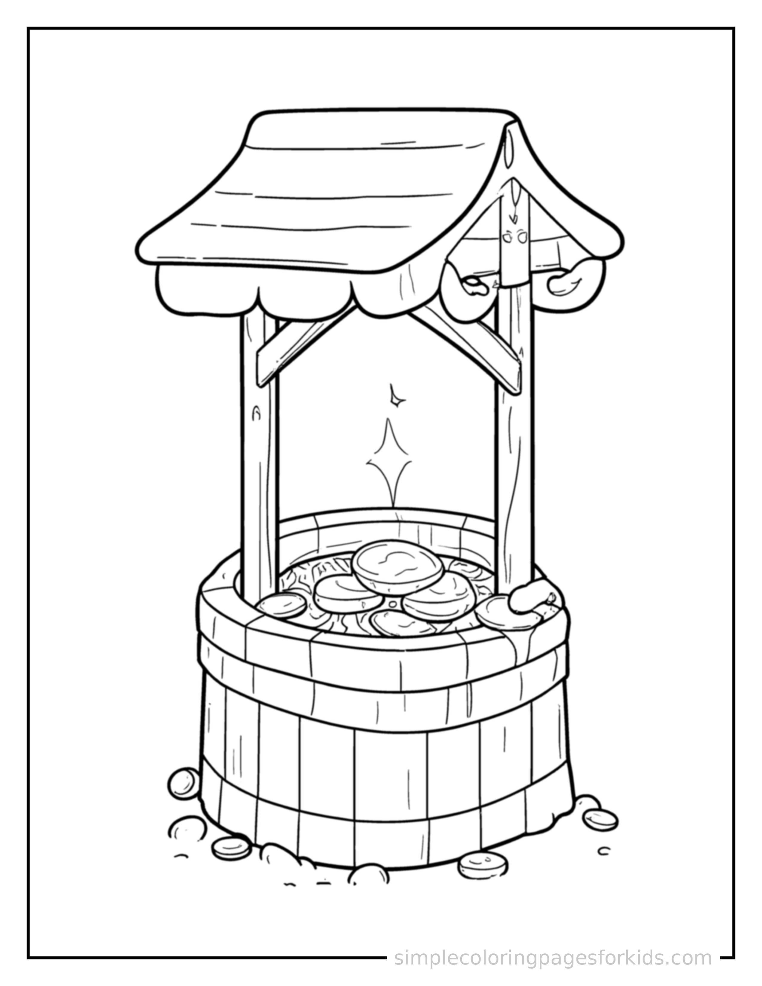 Free printable wishing well with sparkling coins coloring page featuring a cute wishing well with sparkling coins standing proudly with hands on hips, chest out, big sparkling happy eyes and open smile.