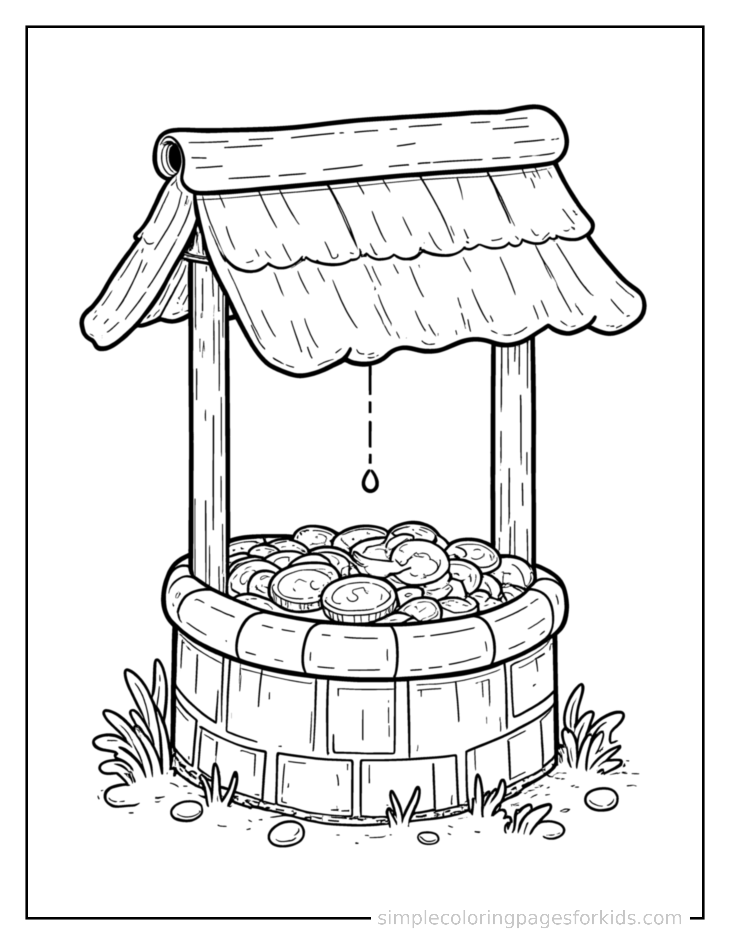 Free printable wishing well with sparkling coins coloring page featuring a cute wishing well with sparkling coins curled up fast asleep, peaceful smile, one eye scrunched shut, hands tucked under the chin.