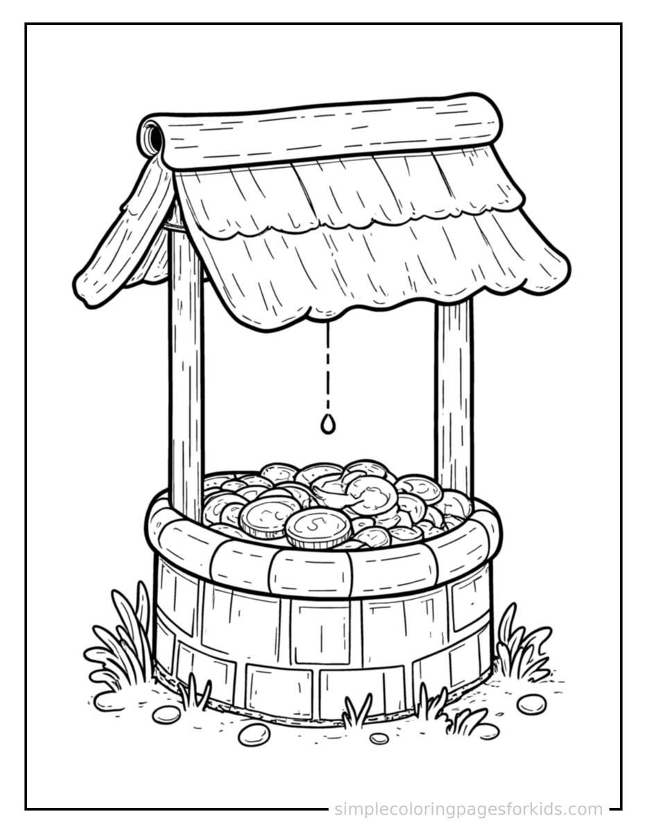 Sleepy Wishing Well With Sparkling Coins Coloring Page
