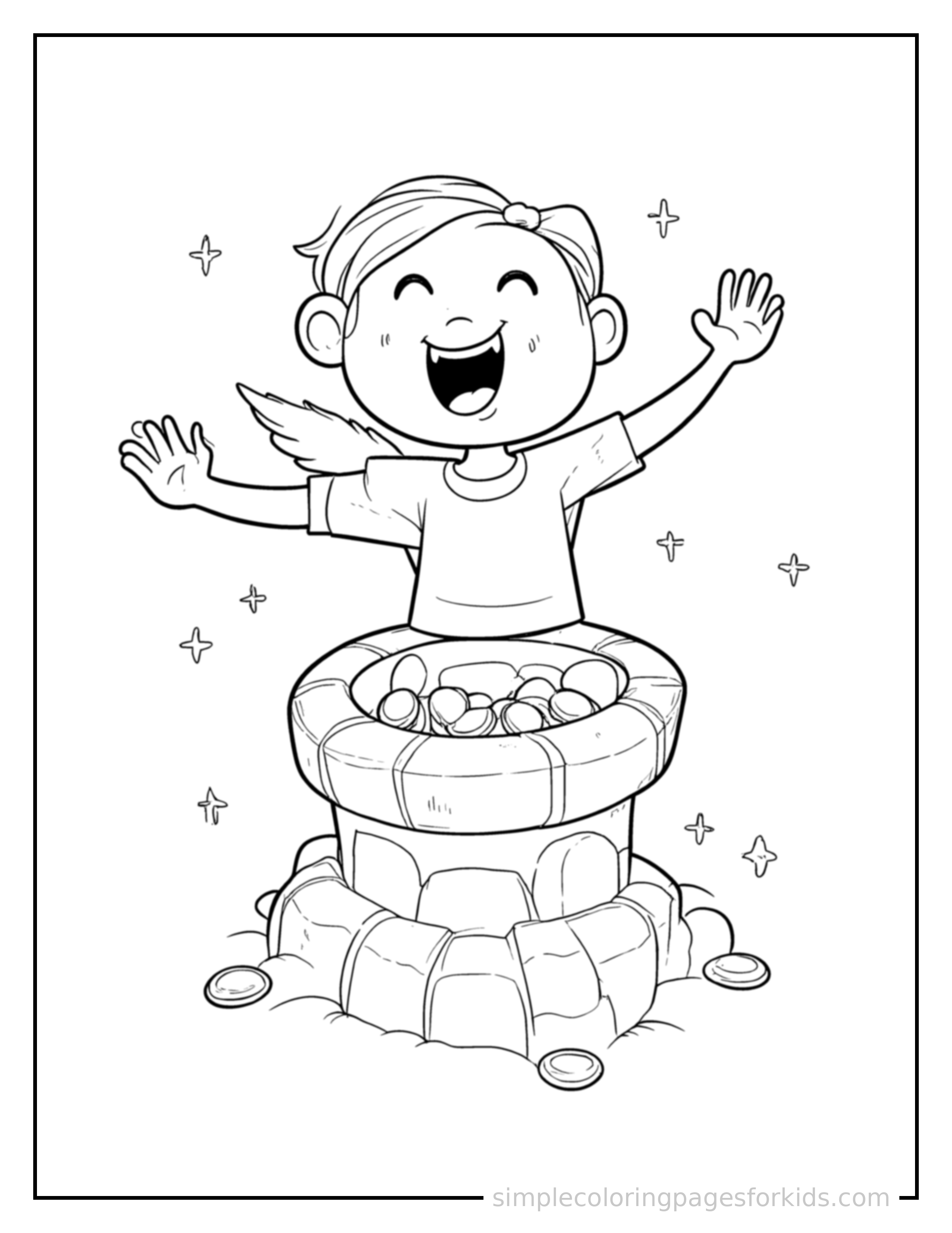 Free printable wishing well with sparkling coins coloring page featuring a cute wishing well with sparkling coins mid-jump with arms and legs stretched out playfully, mouth open with excitement.