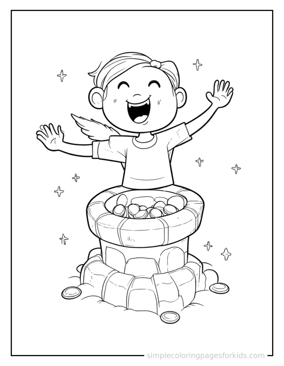 Jumping Wishing Well With Sparkling Coins Coloring Page