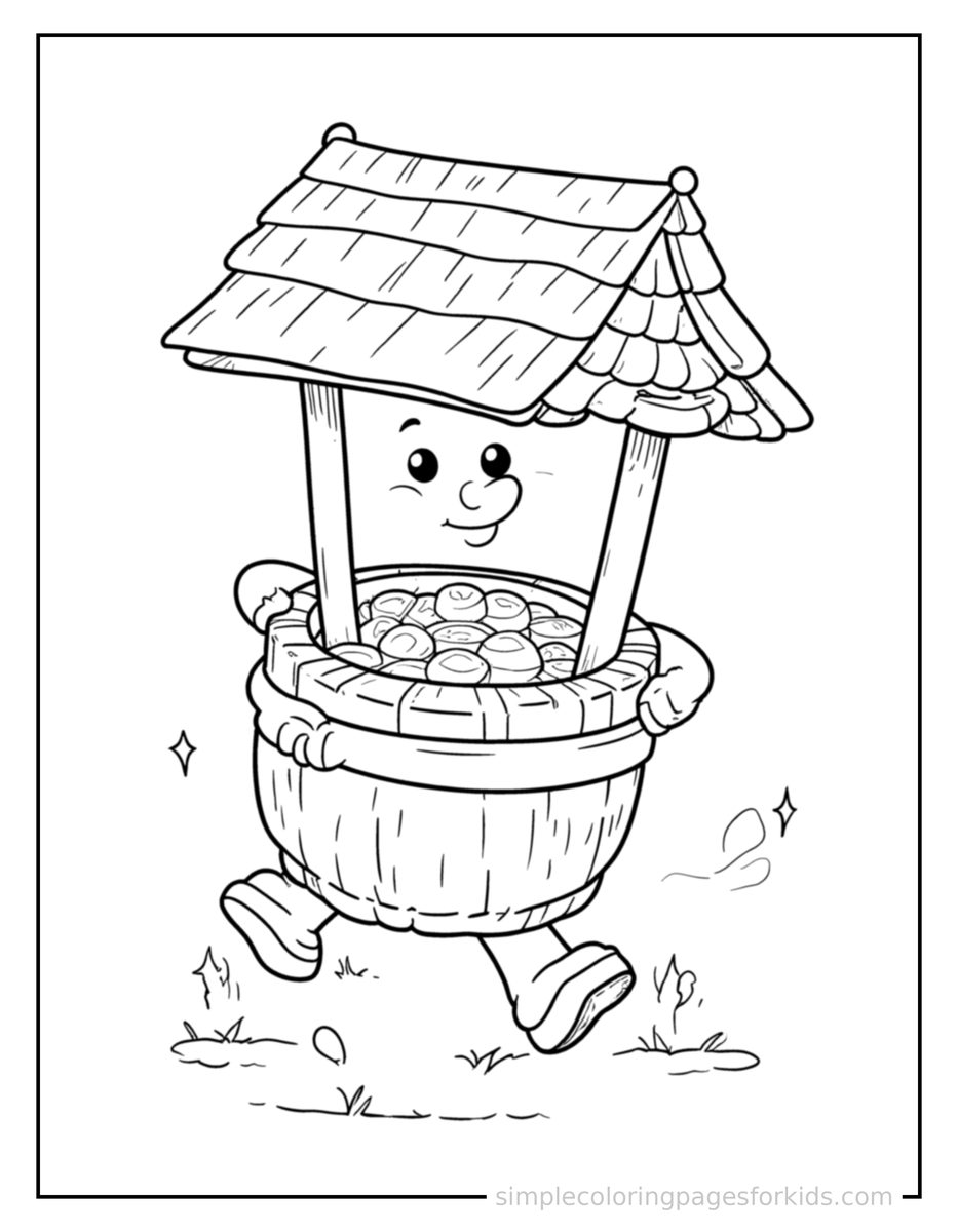 Running Wishing Well With Sparkling Coins Coloring Page