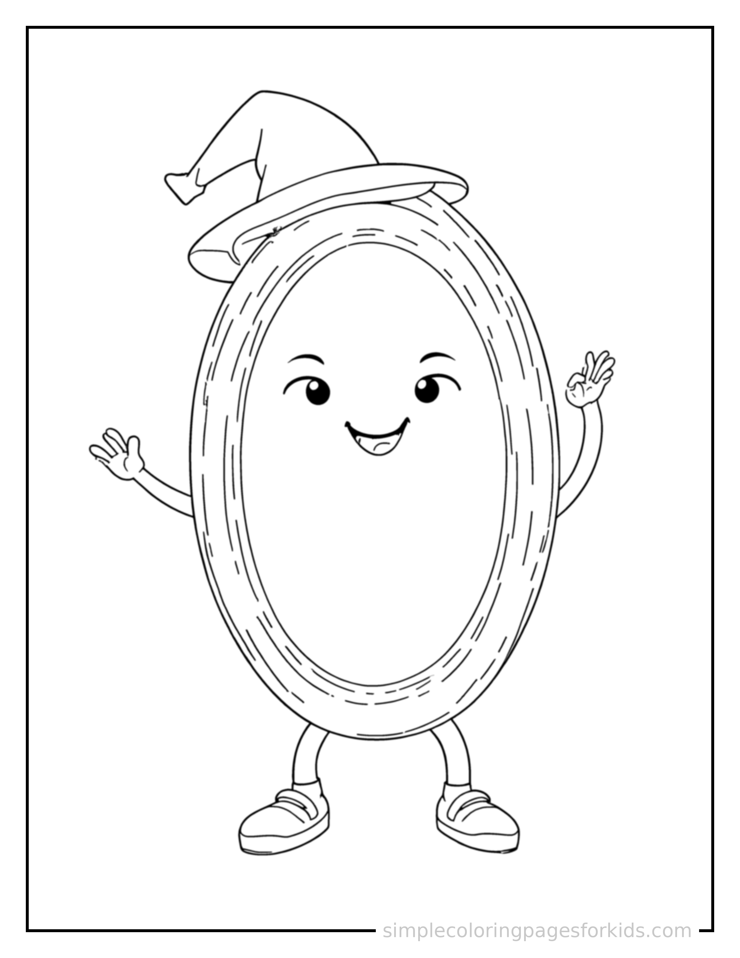 Free printable magic mirror with a glowing frame coloring page featuring a cute magic mirror with a glowing frame standing tall with a big cheerful grin, one hand raised in a wave, head tilted slightly.