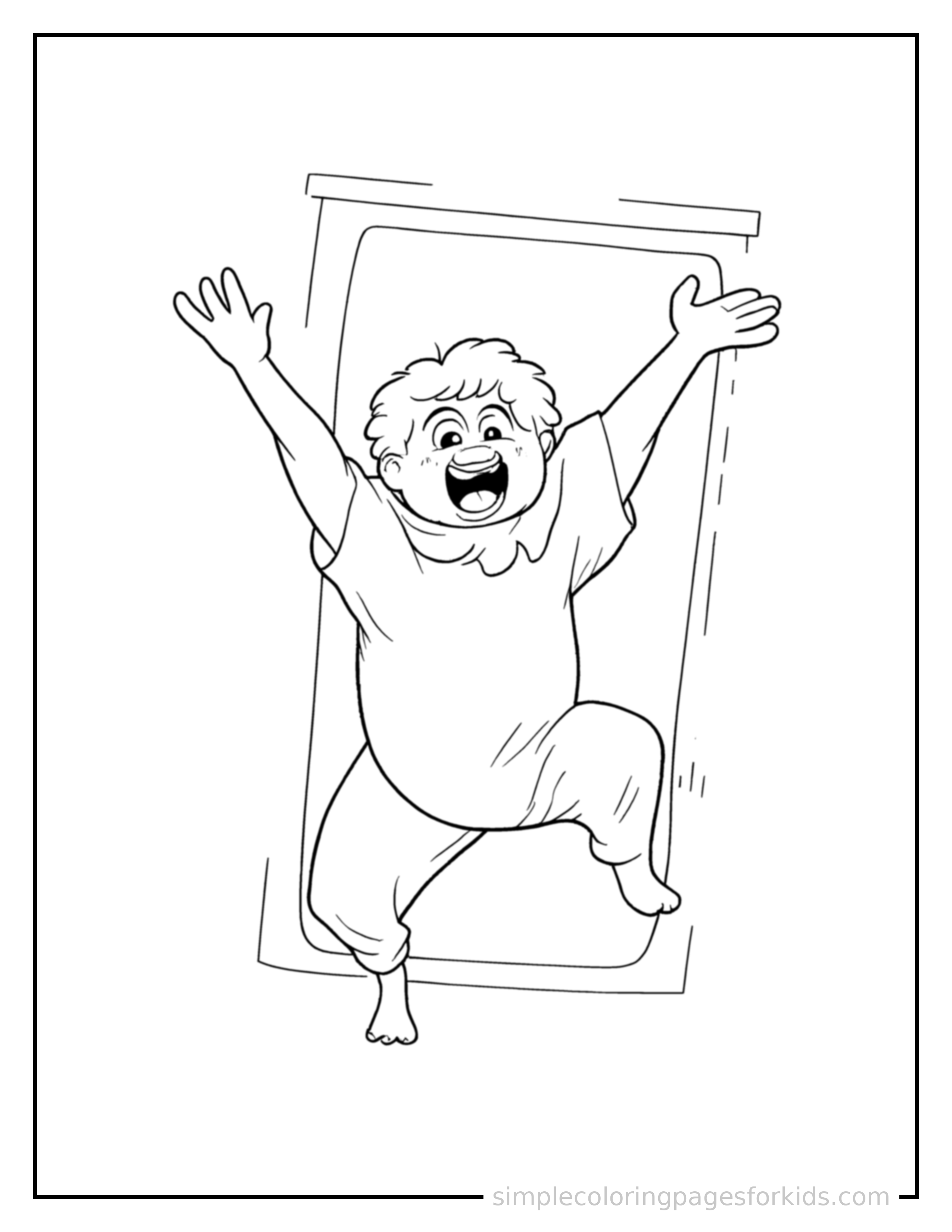 Free printable magic mirror with a glowing frame coloring page featuring a cute magic mirror with a glowing frame mid-jump with arms and legs stretched out playfully, mouth open with excitement.