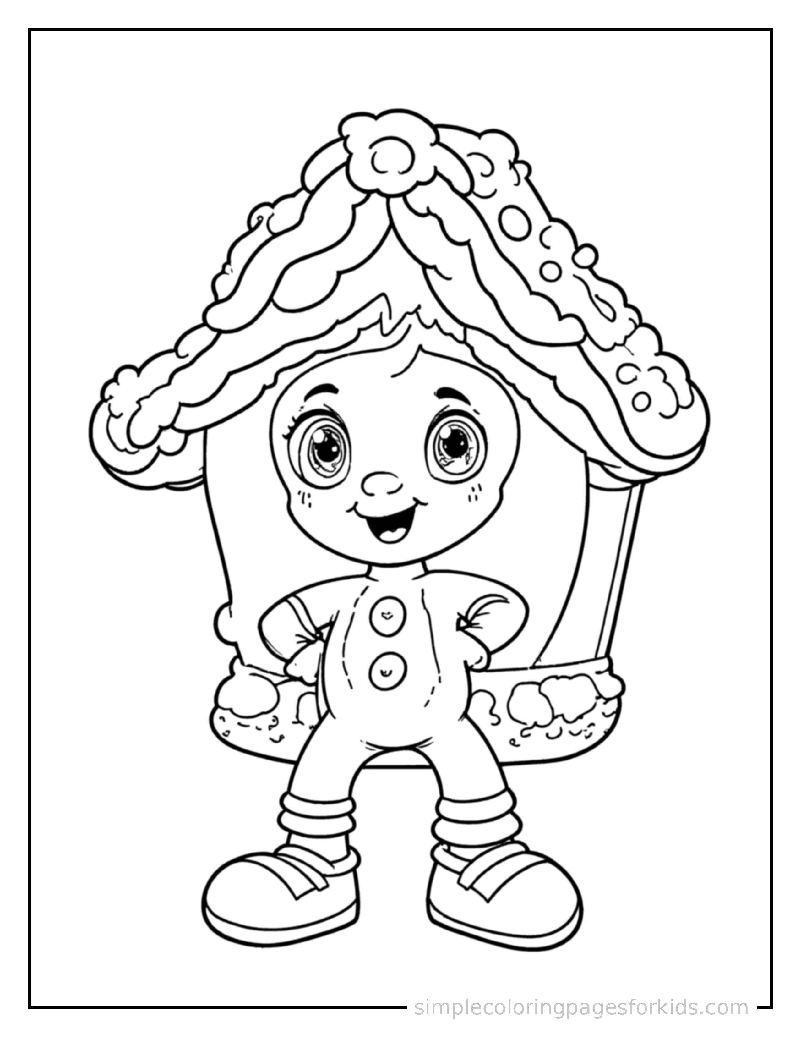 Free printable gingerbread house with candy decorations coloring page featuring a cute gingerbread house with candy decorations standing proudly with hands on hips, chest out, big sparkling happy eyes and open smile.