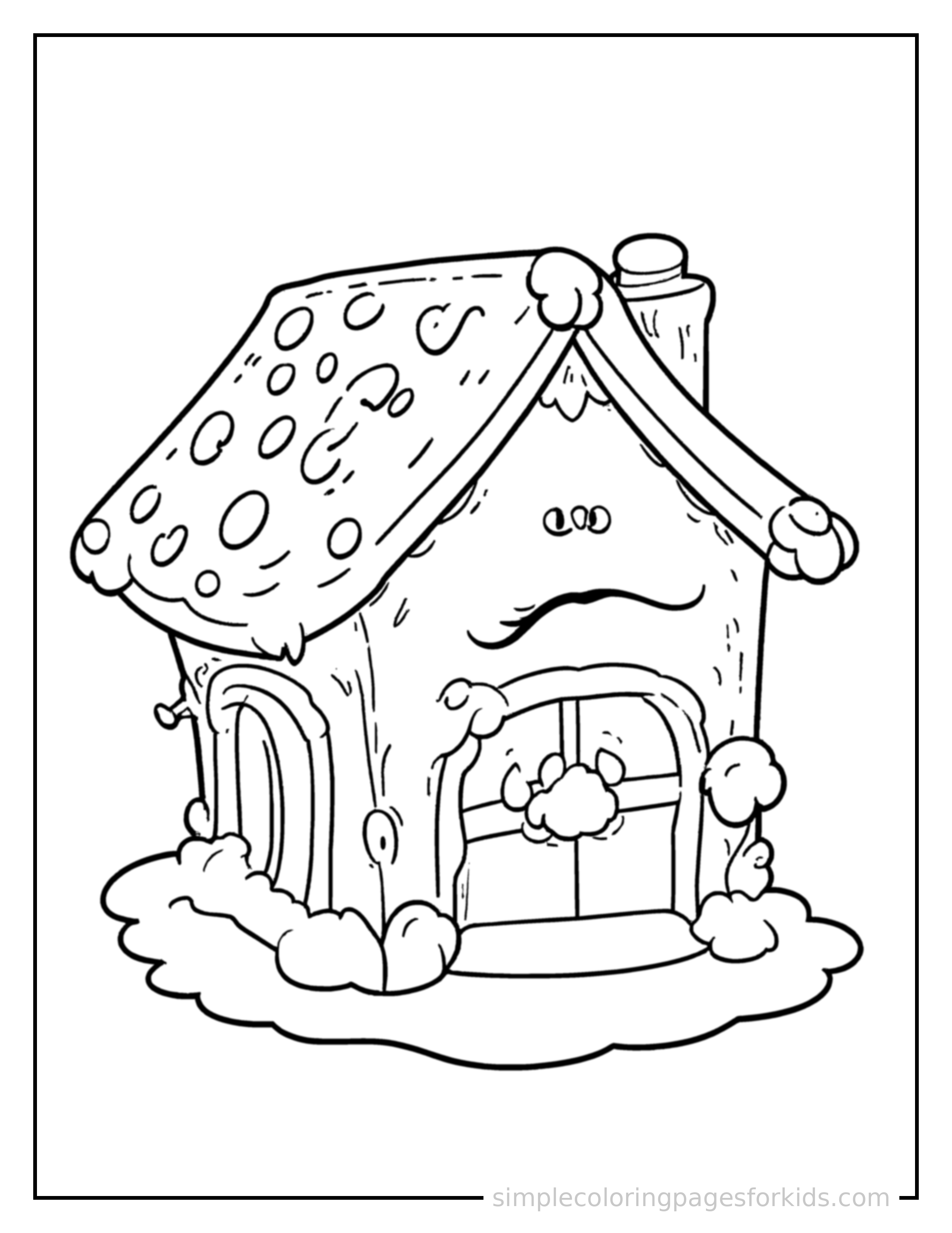 Free printable gingerbread house with candy decorations coloring page featuring a cute gingerbread house with candy decorations curled up fast asleep, peaceful smile, one eye scrunched shut, hands tucked under the chin.