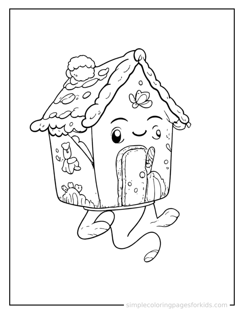 Jumping Gingerbread House With Candy Decorations Coloring Page