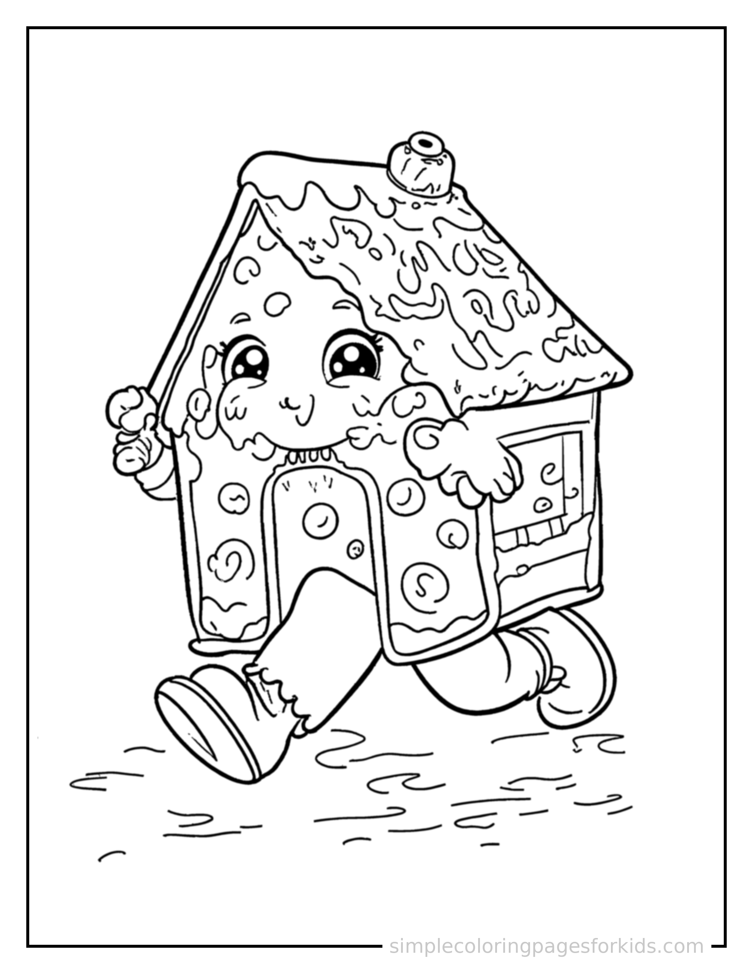 Free printable gingerbread house with candy decorations coloring page featuring a cute gingerbread house with candy decorations running forward at full speed, arms pumping, big happy grin.