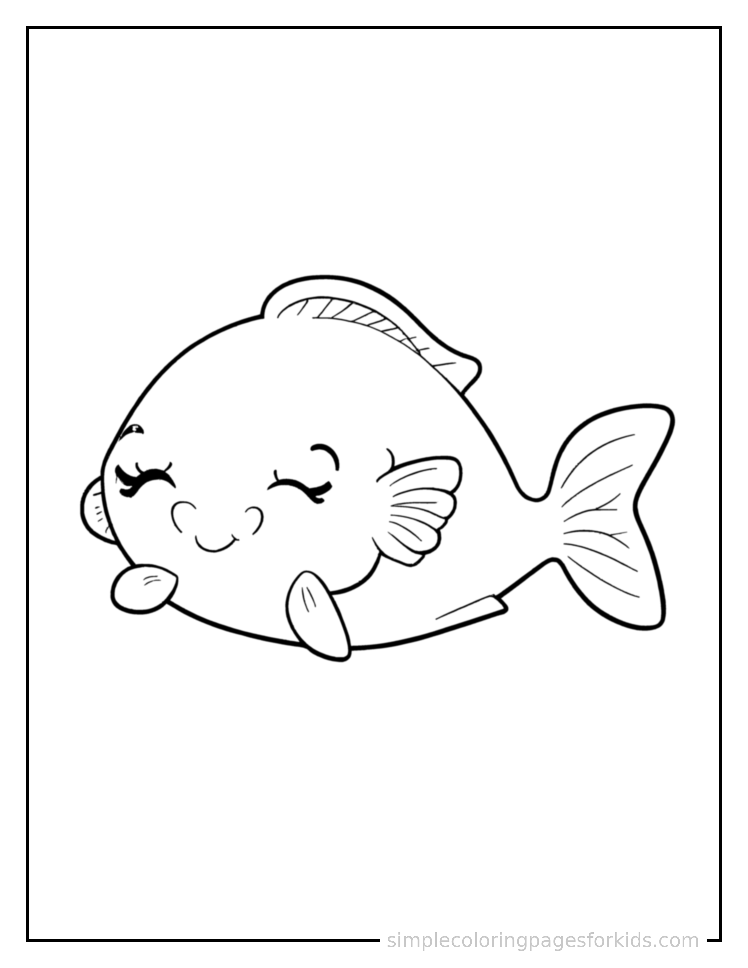 Free printable friendly fish companion with big eyes coloring page featuring a cute friendly fish companion with big eyes curled up fast asleep, peaceful smile, one eye scrunched shut, hands tucked under the chin.