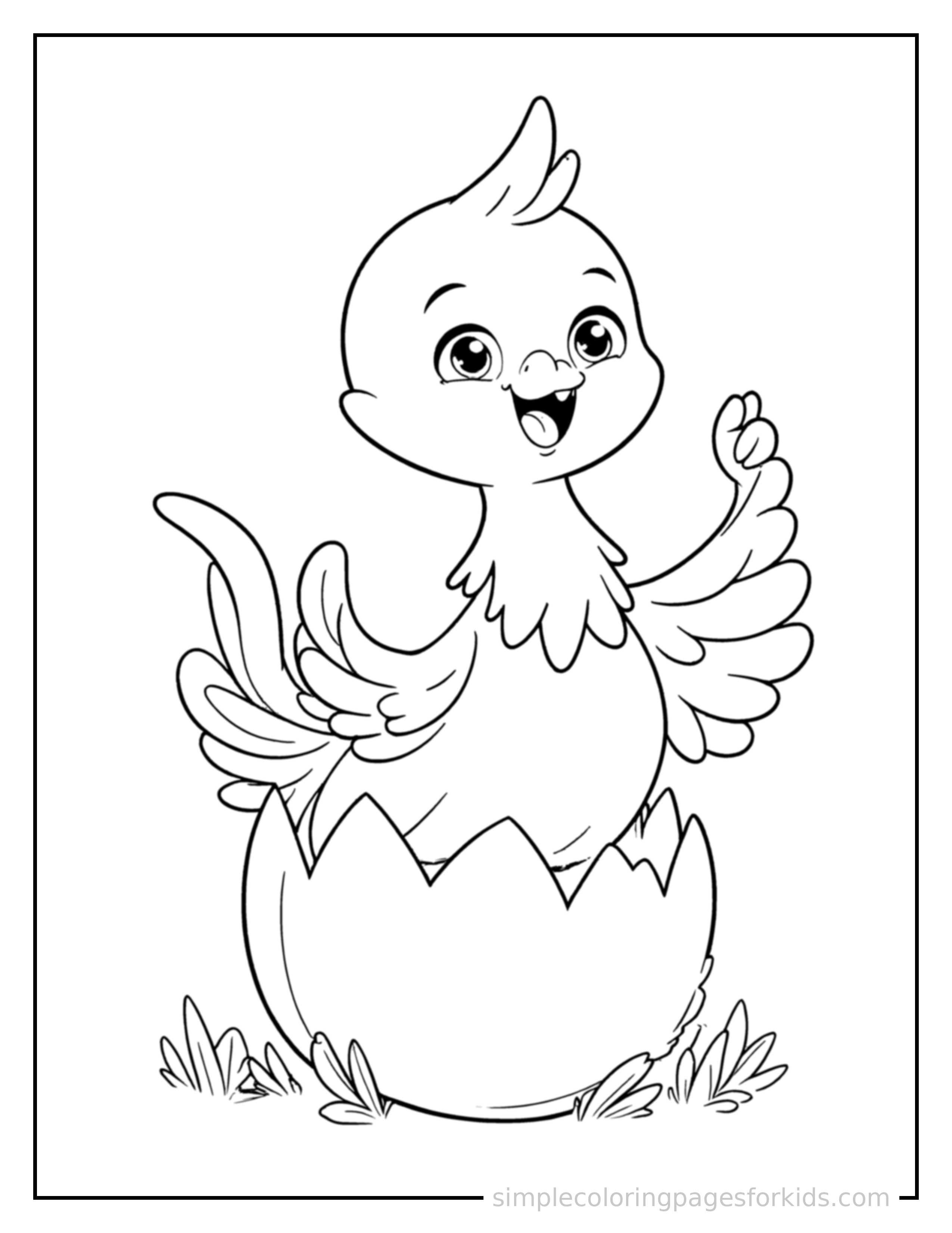 Free printable baby phoenix hatching from a glowing egg coloring page featuring a cute baby phoenix hatching from a glowing egg standing tall with a big cheerful grin, one hand raised in a wave, head tilted slightly.