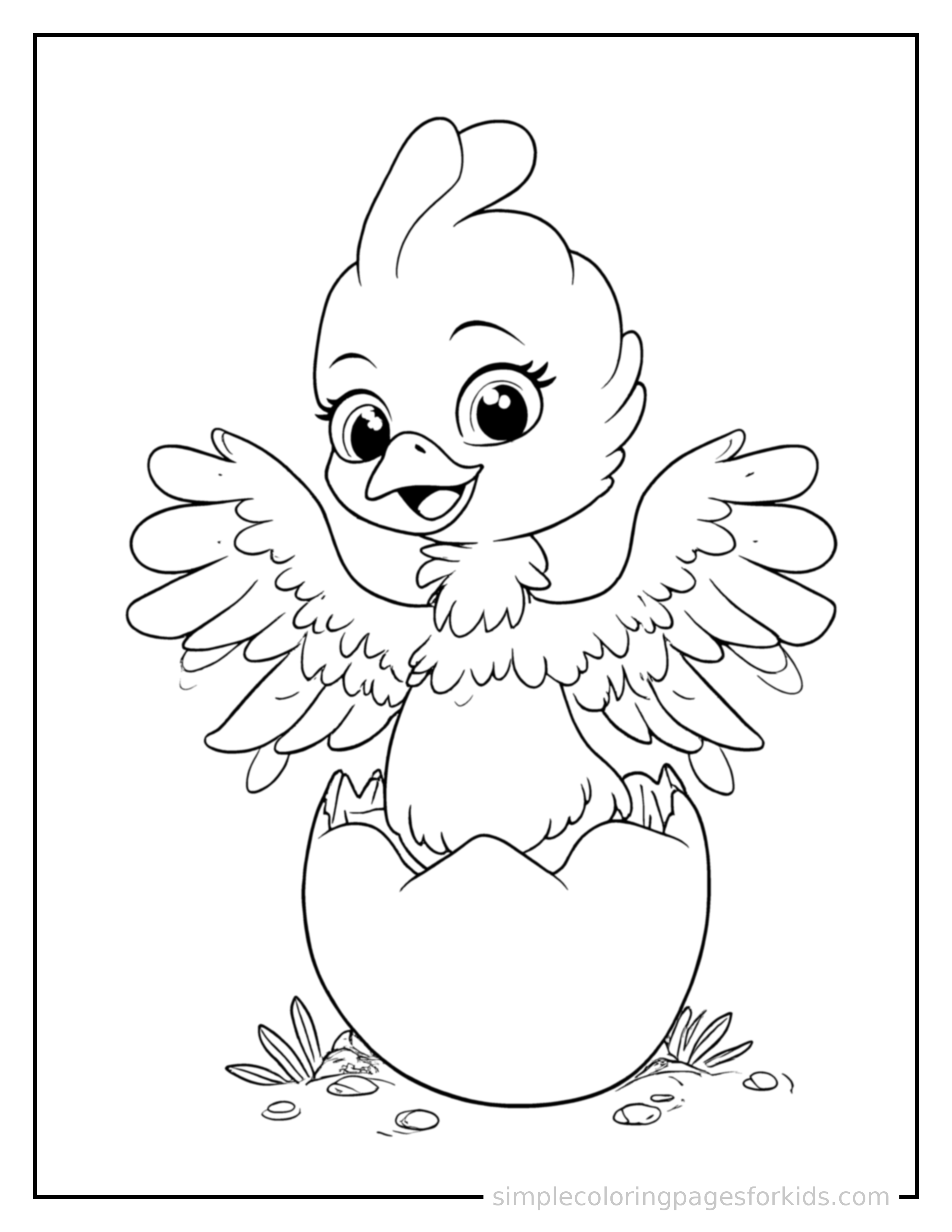 Free printable baby phoenix hatching from a glowing egg coloring page featuring a cute baby phoenix hatching from a glowing egg standing proudly with hands on hips, chest out, big sparkling happy eyes and open smile.