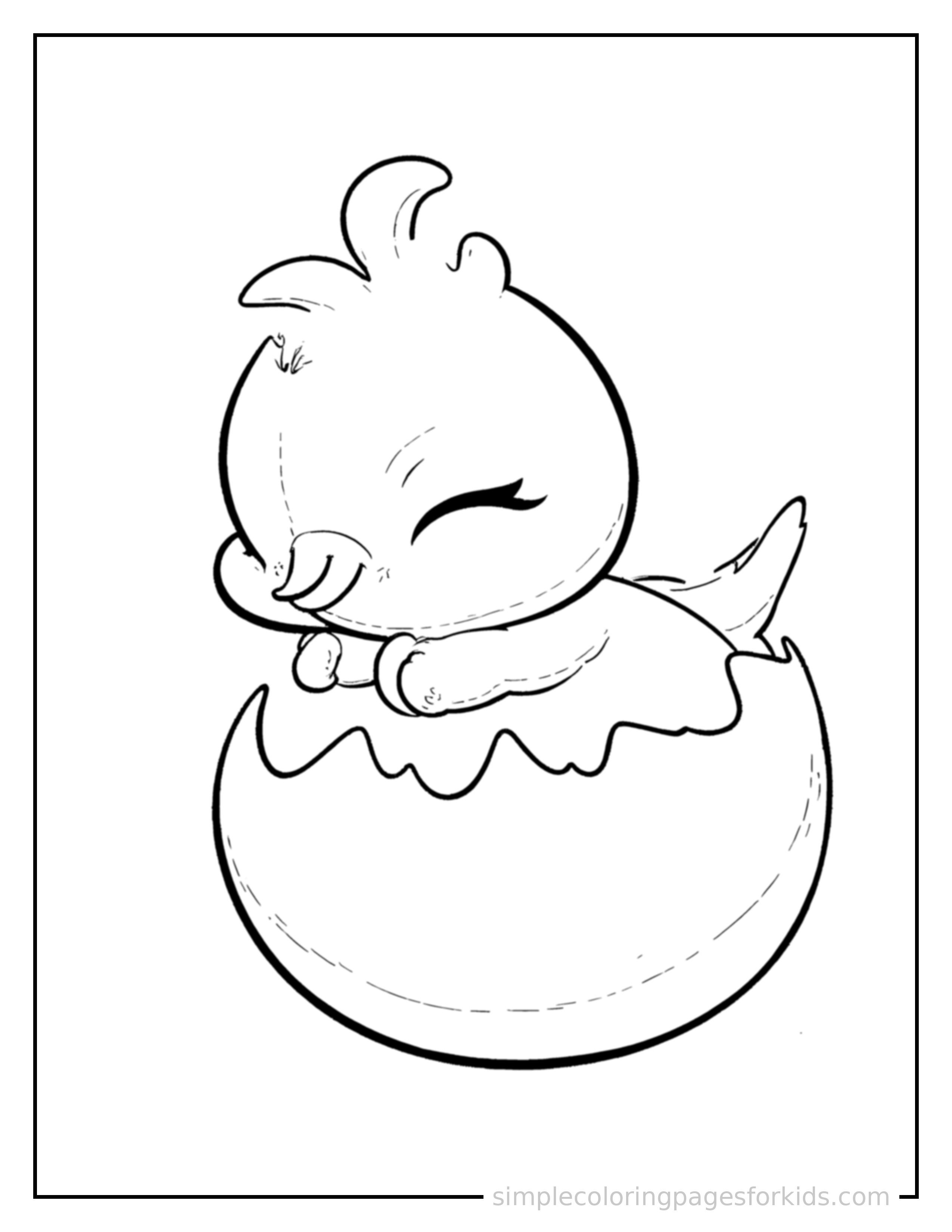 Free printable baby phoenix hatching from a glowing egg coloring page featuring a cute baby phoenix hatching from a glowing egg curled up fast asleep, peaceful smile, one eye scrunched shut, hands tucked under the chin.