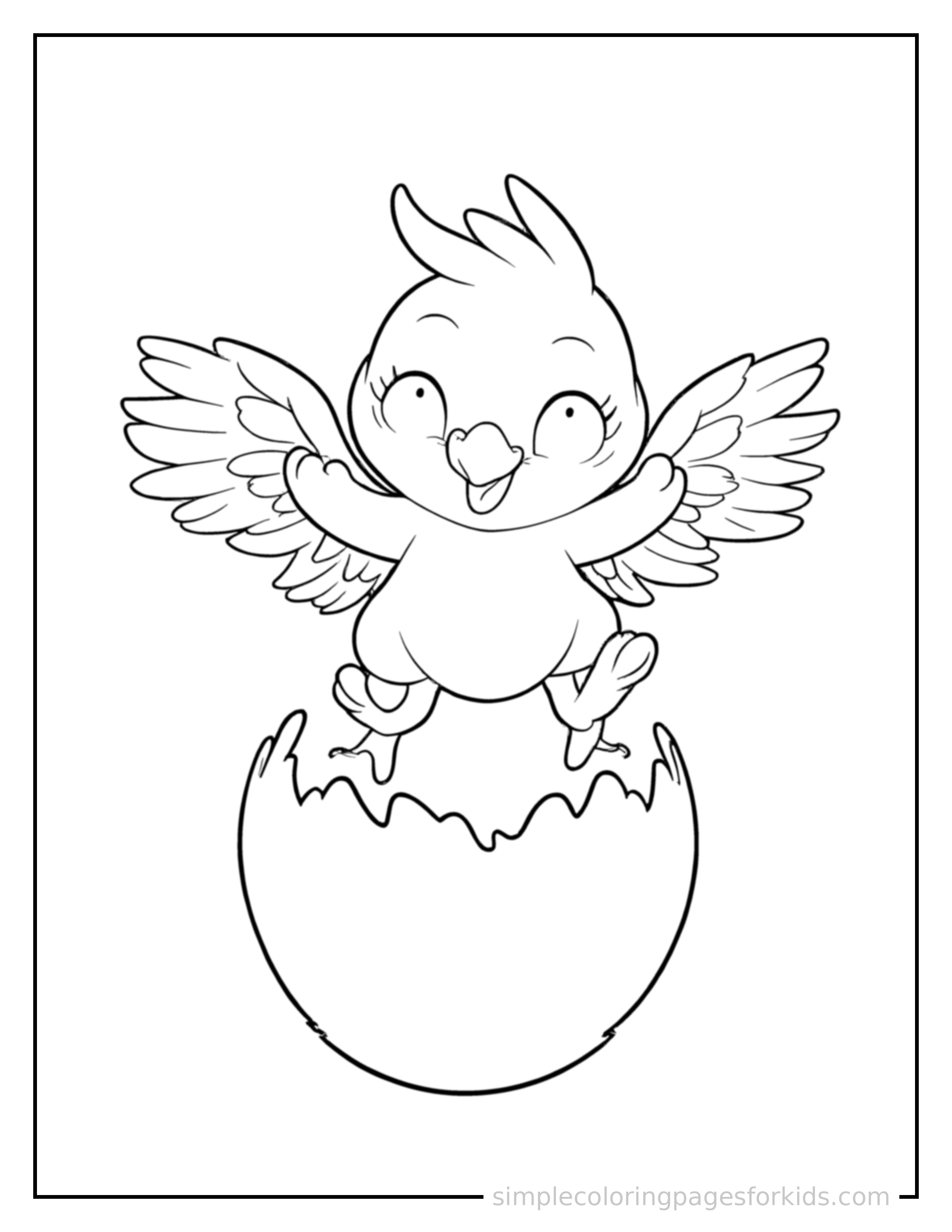 Free printable baby phoenix hatching from a glowing egg coloring page featuring a cute baby phoenix hatching from a glowing egg mid-jump with arms and legs stretched out playfully, mouth open with excitement.