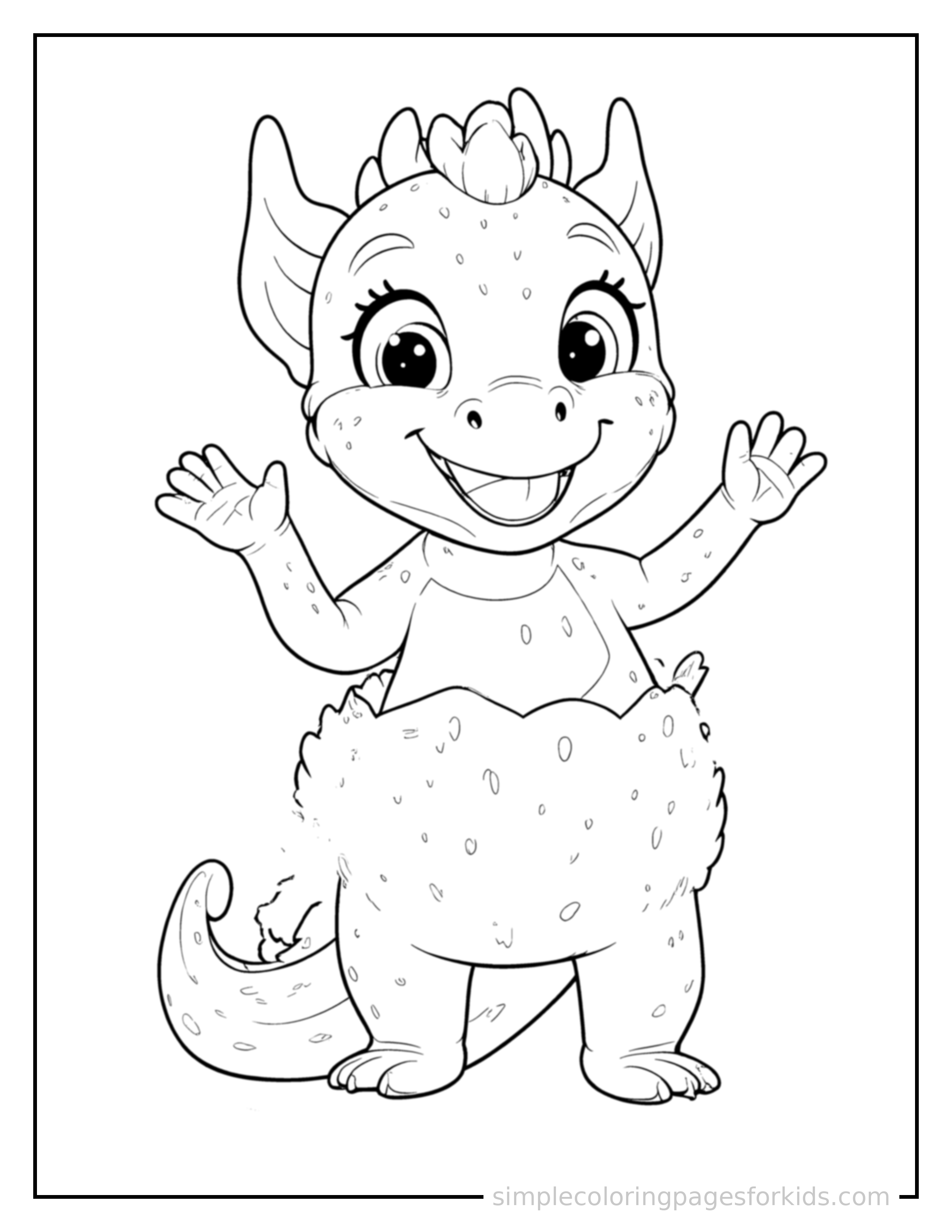Free printable dragon egg about to hatch with cracks glowing coloring page featuring a cute dragon egg about to hatch with cracks glowing standing tall with a big cheerful grin, one hand raised in a wave, head tilted slightly.