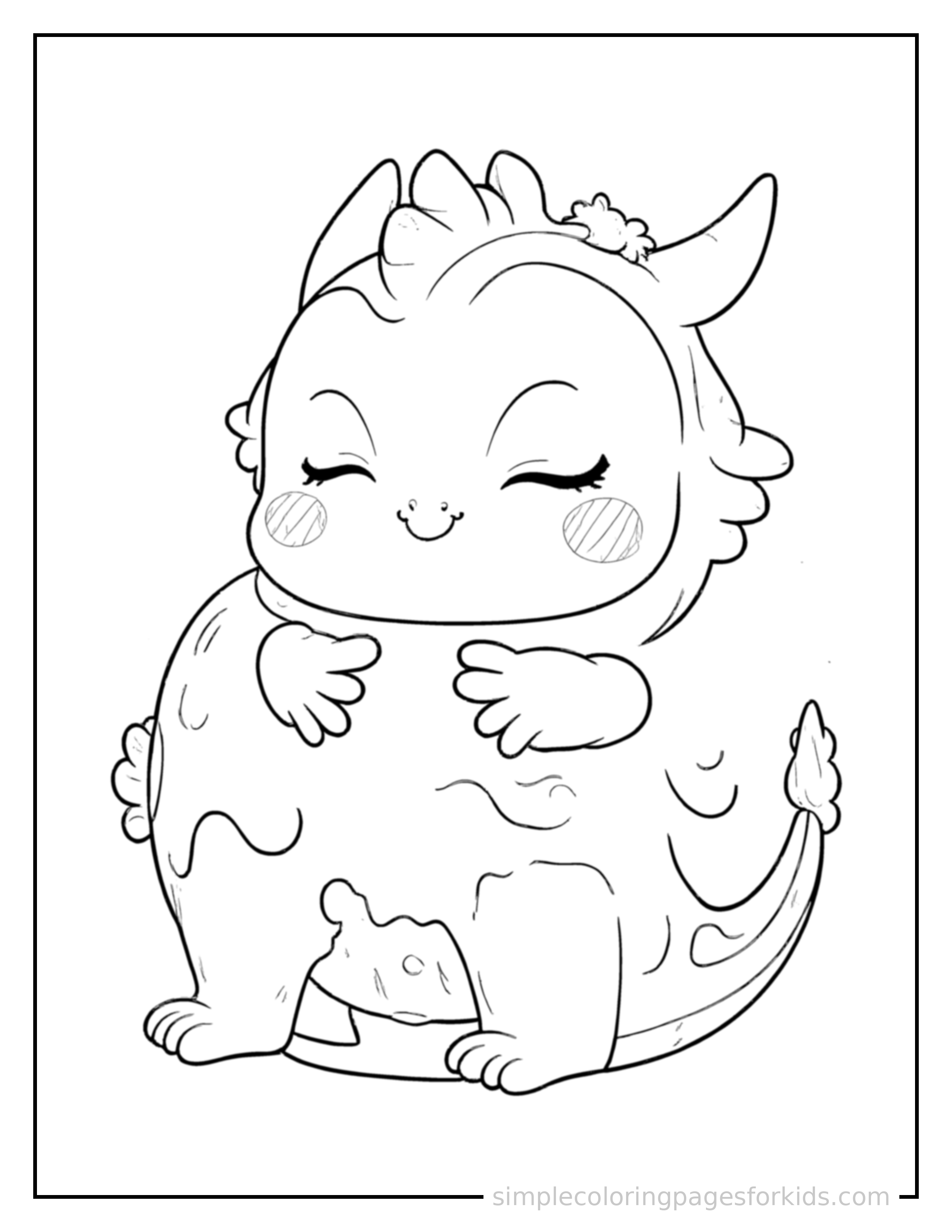 Free printable dragon egg about to hatch with cracks glowing coloring page featuring a cute dragon egg about to hatch with cracks glowing curled up fast asleep, peaceful smile, one eye scrunched shut, hands tucked under the chin.