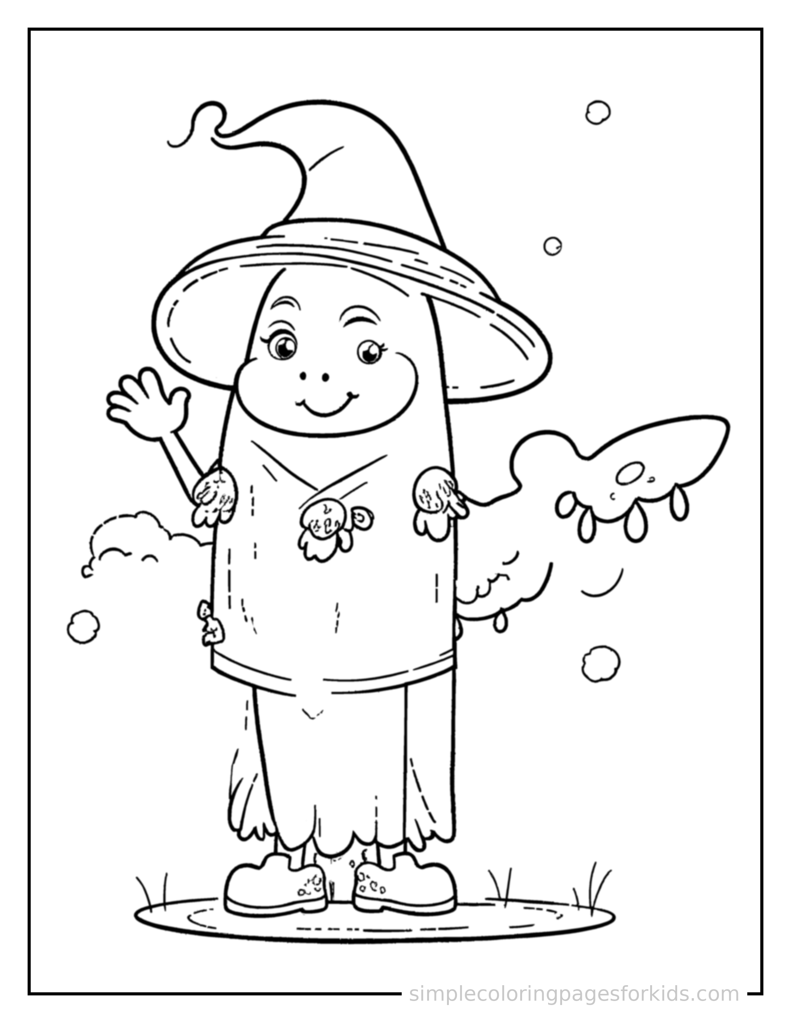 Free printable flying magic carpet with tassels coloring page featuring a cute flying magic carpet with tassels standing tall with a big cheerful grin, one hand raised in a wave, head tilted slightly.