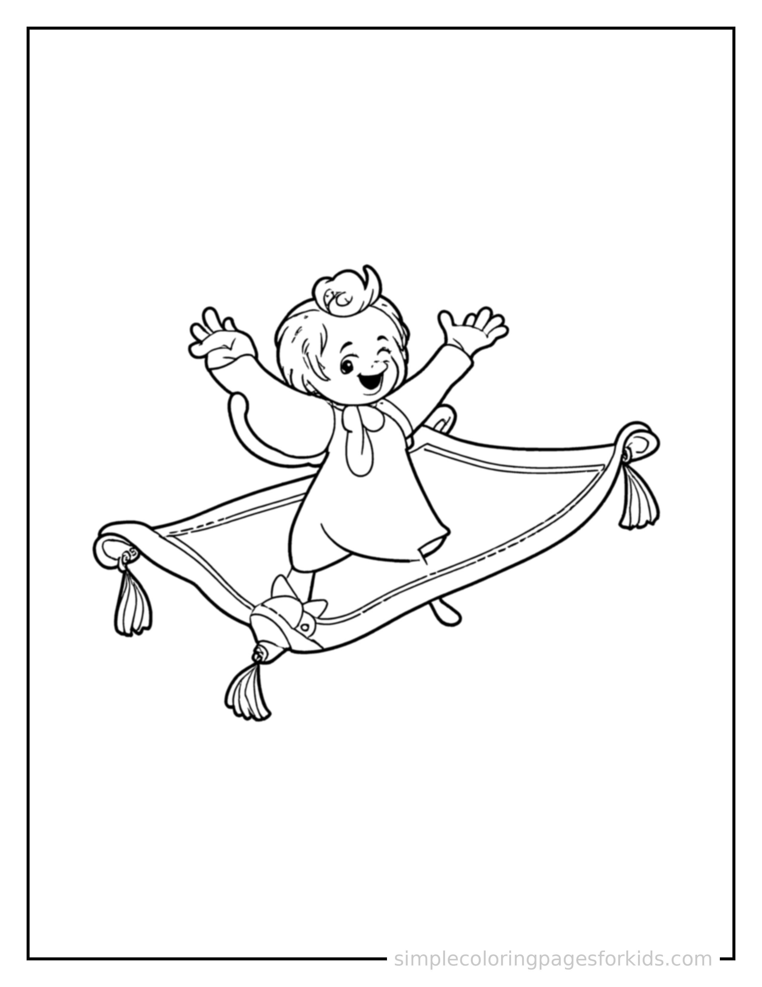 Free printable flying magic carpet with tassels coloring page featuring a cute flying magic carpet with tassels mid-jump with arms and legs stretched out playfully, mouth open with excitement.