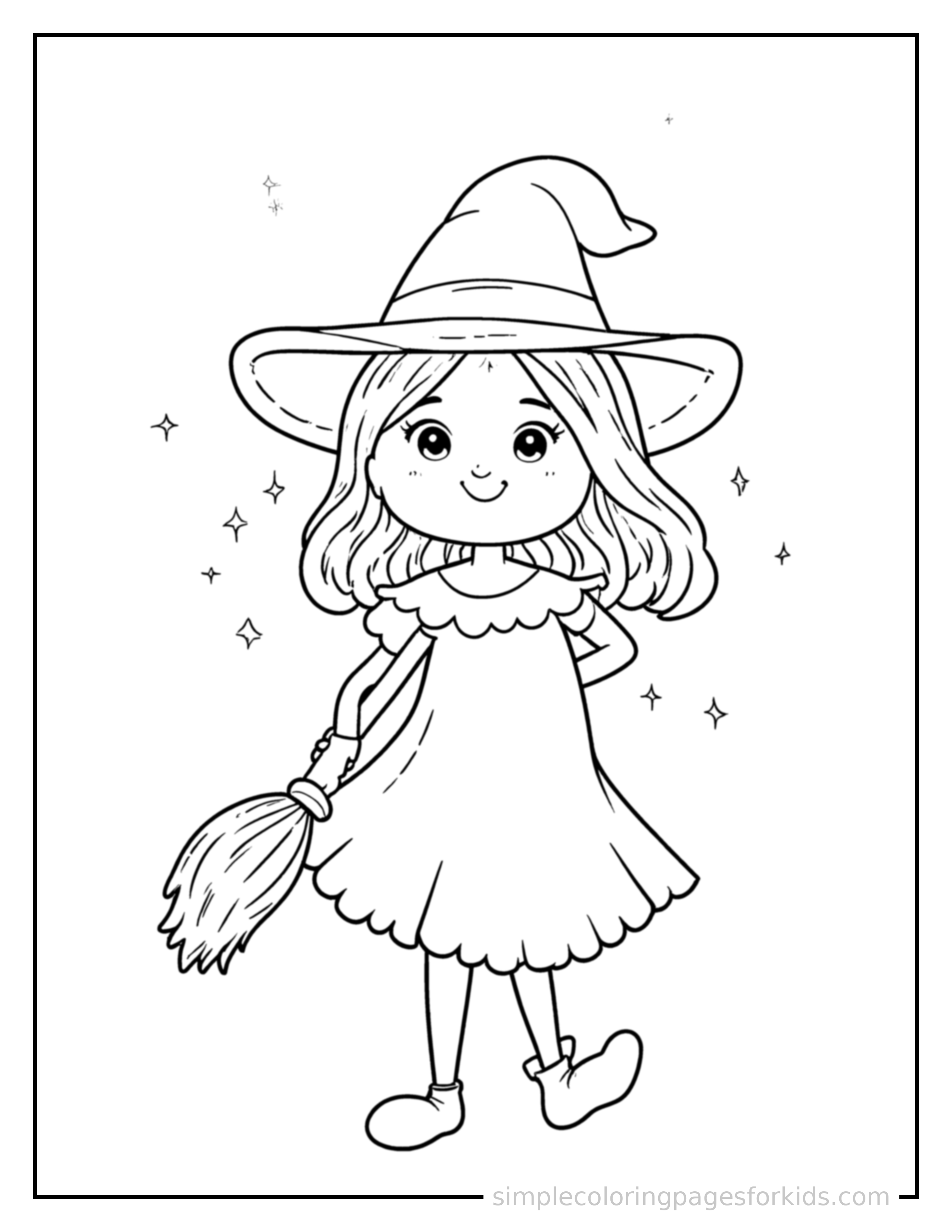 Free printable witch's broomstick flying with sparkles coloring page featuring a cute witch's broomstick flying with sparkles standing proudly with hands on hips, chest out, big sparkling happy eyes and open smile.