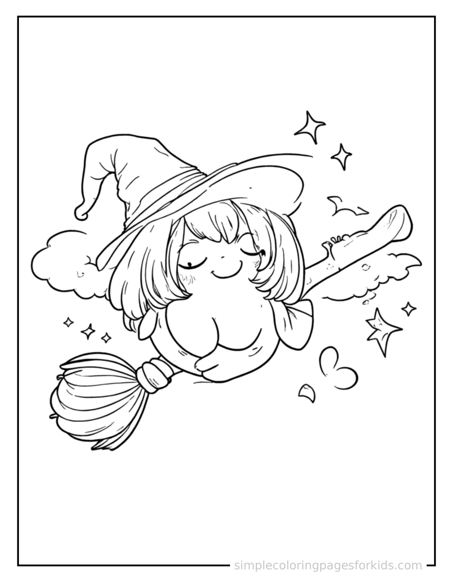 Sleepy Witch’S Broomstick Flying With Sparkles Coloring Page