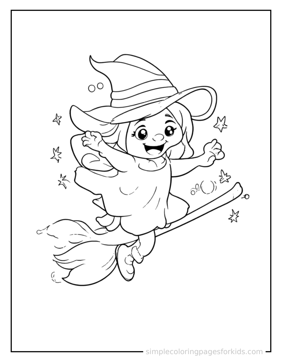 Jumping Witch’S Broomstick Flying With Sparkles Coloring Page