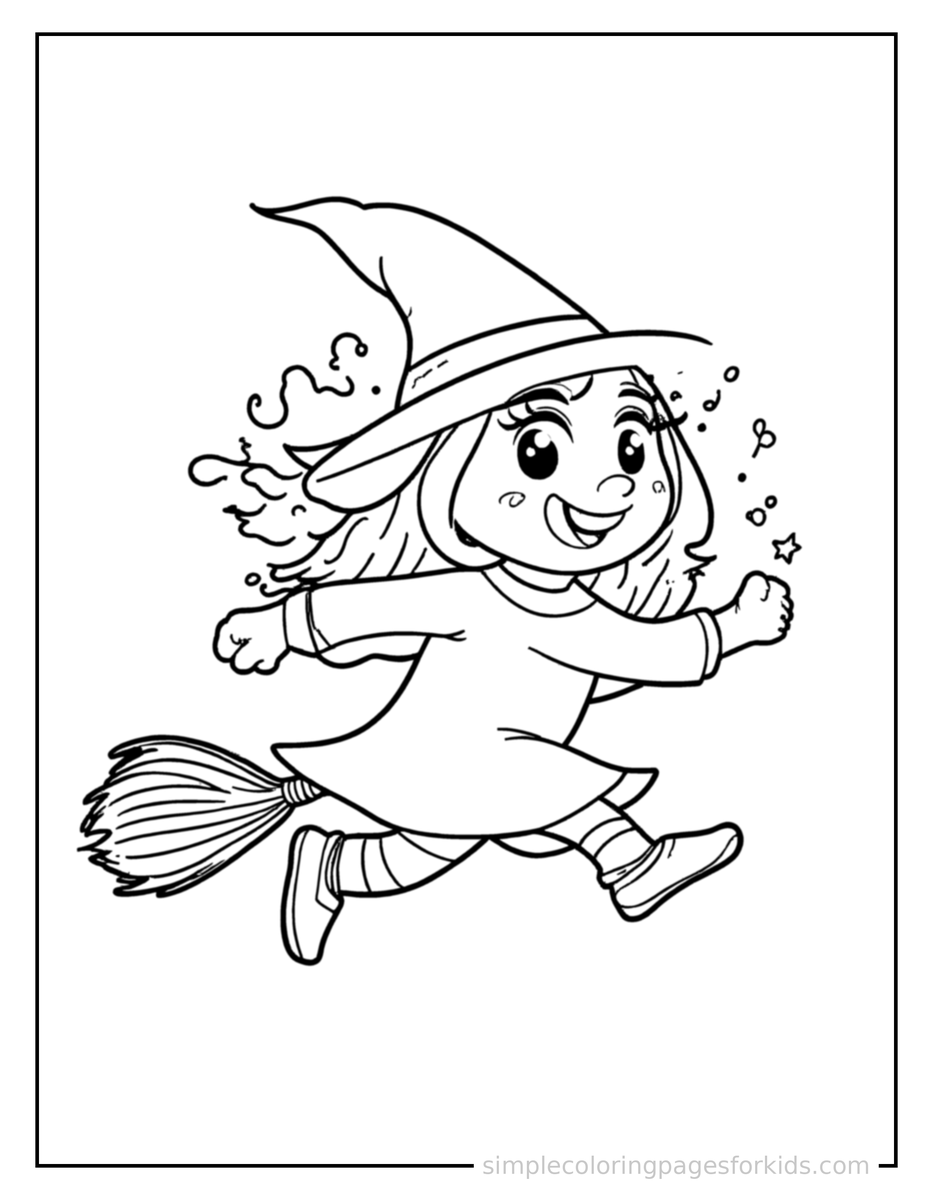 Running Witch’S Broomstick Flying With Sparkles Coloring Page