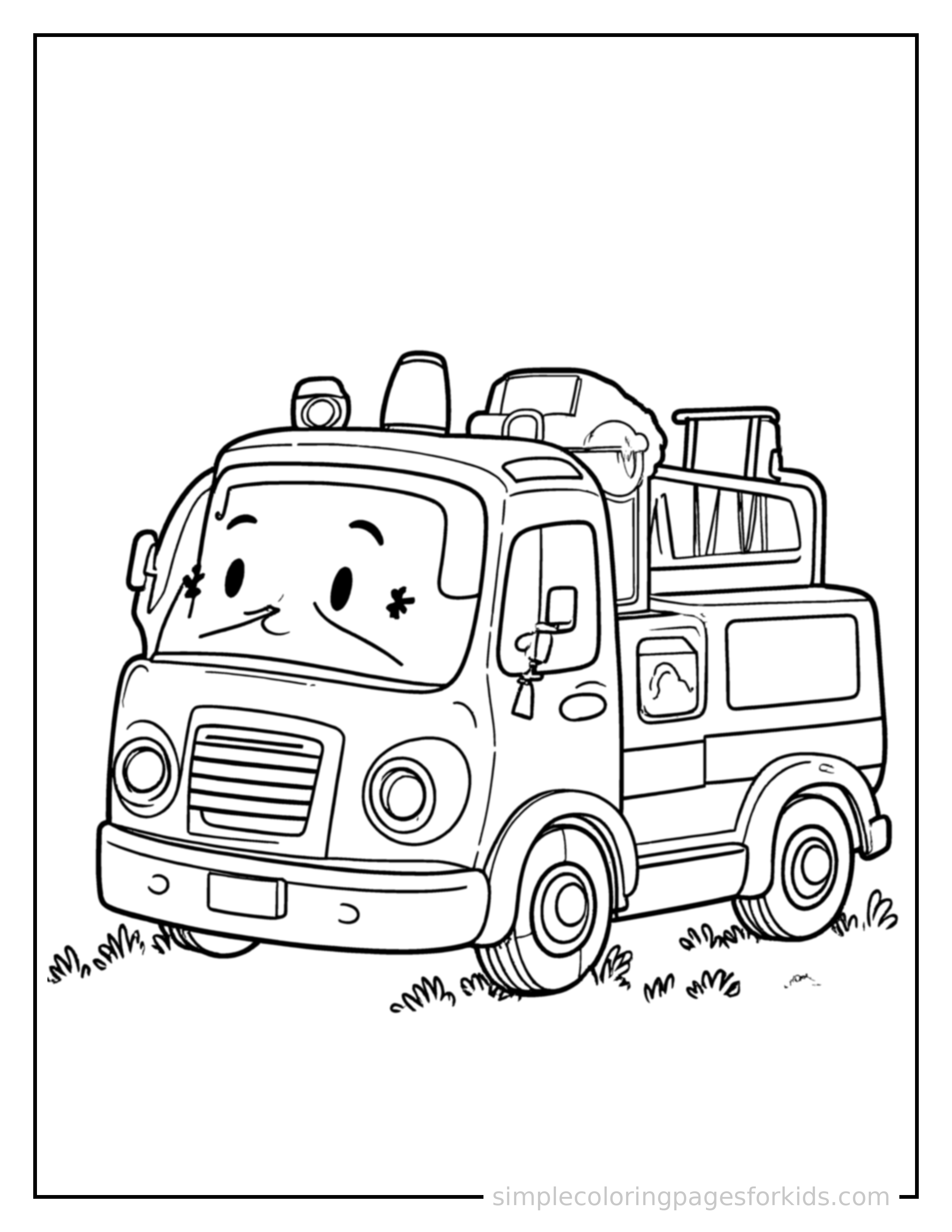 Free printable fire truck coloring page featuring a cute fire truck parked and resting with a sleepy happy expression, one headlight winking.