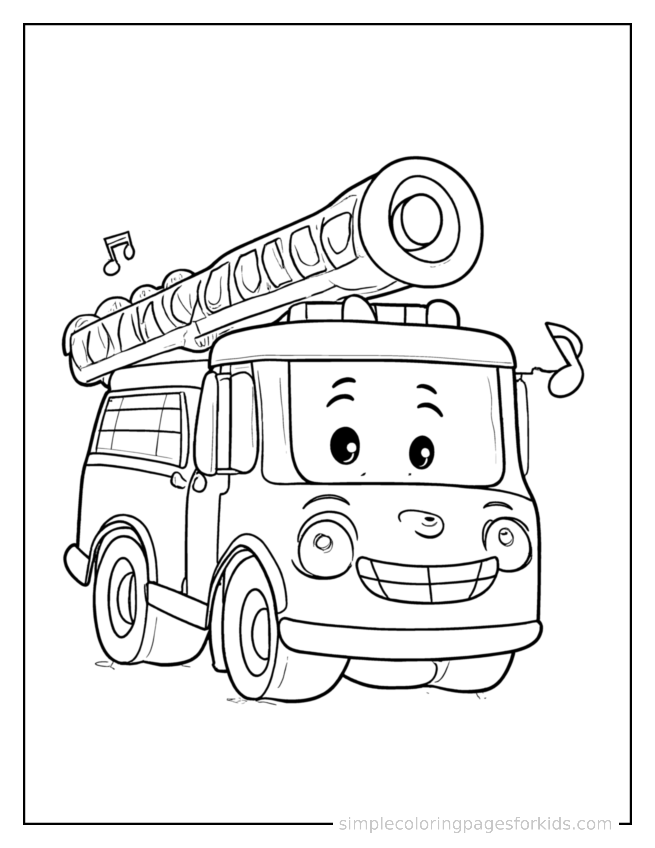 Free printable fire truck coloring page featuring a cute fire truck honking its horn with an excited open-mouth grin, small musical notes nearby.