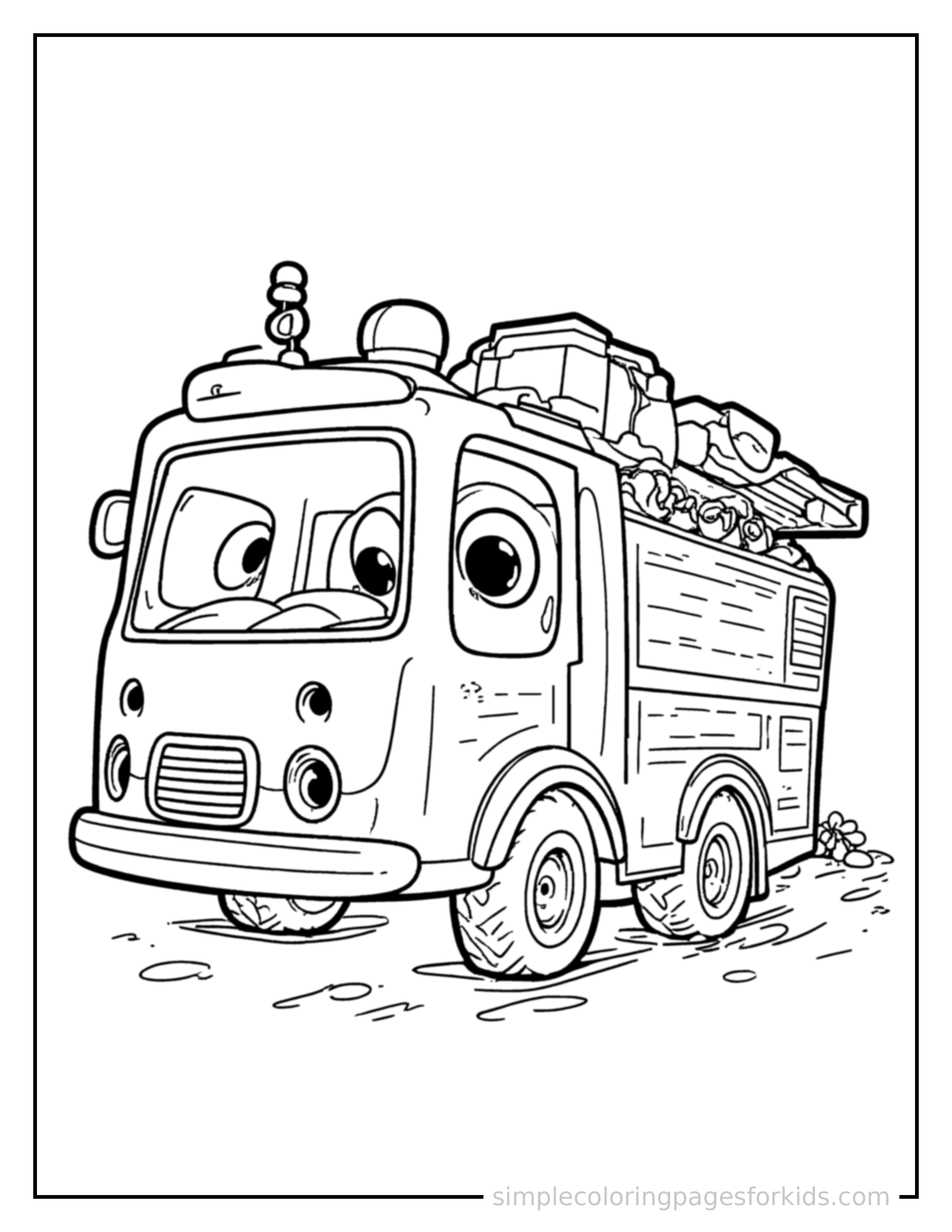 Free printable fire truck coloring page featuring a cute fire truck loaded up with fun cargo, proud big smile, motion lines showing it moving.