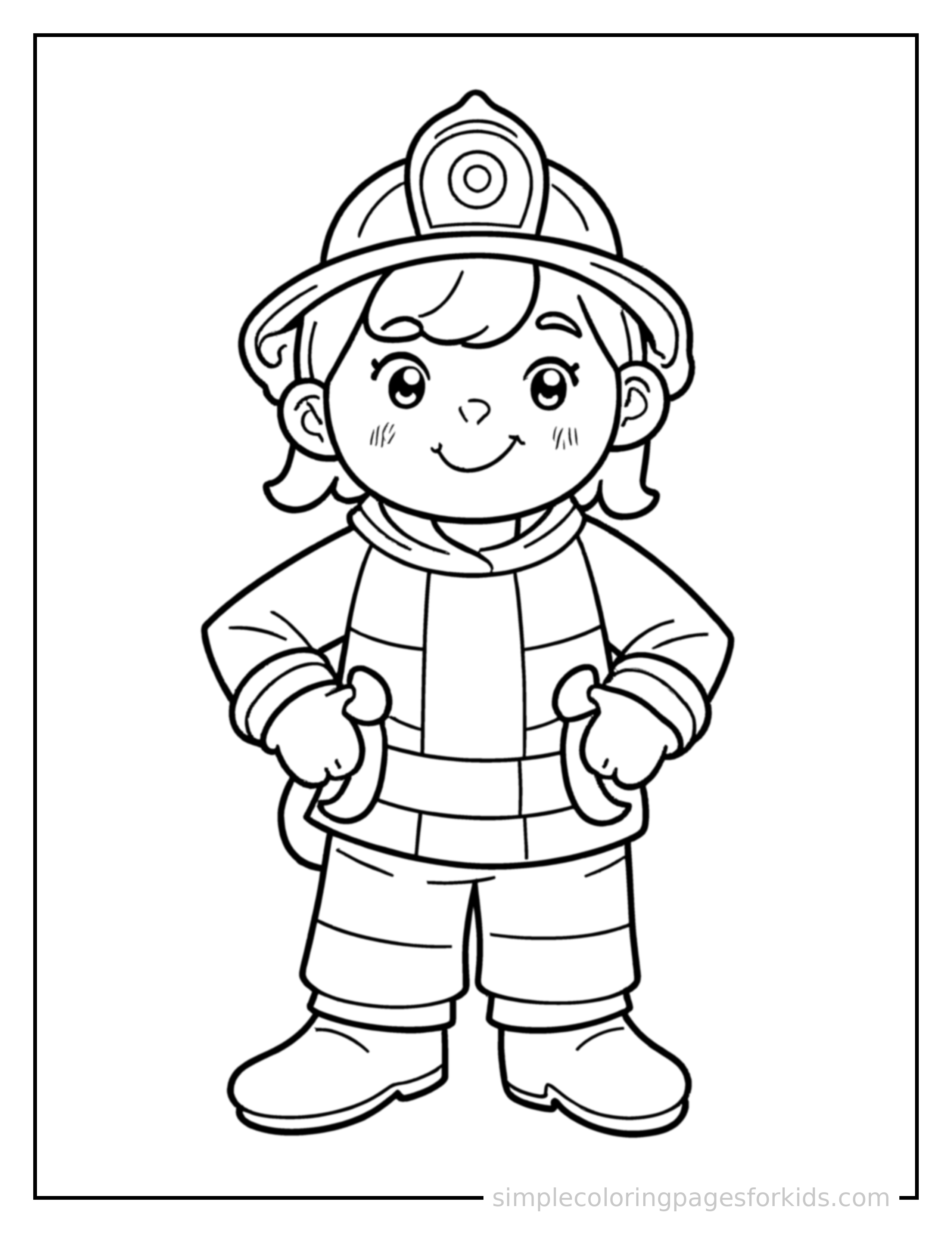 Free printable firefighter coloring page featuring a cute firefighter wearing a helmet and holding a hose standing proudly with hands on hips, chest out, big sparkling happy eyes and open smile.