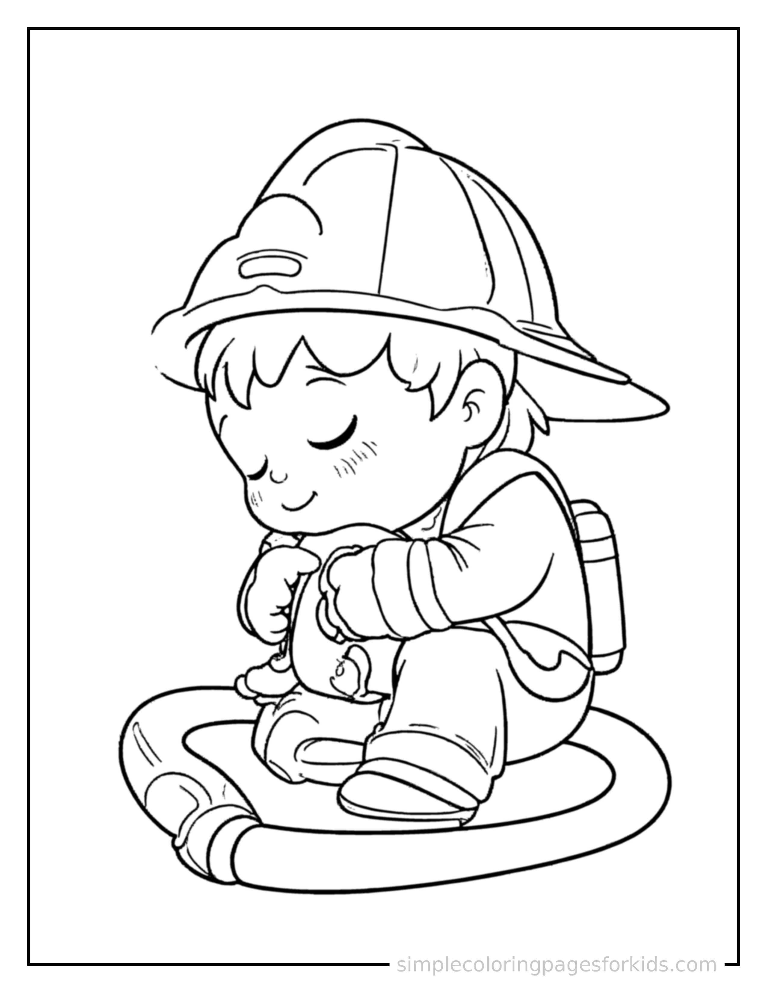 Free printable firefighter coloring page featuring a cute firefighter wearing a helmet and holding a hose curled up fast asleep, peaceful smile, one eye scrunched shut, hands tucked under the chin.