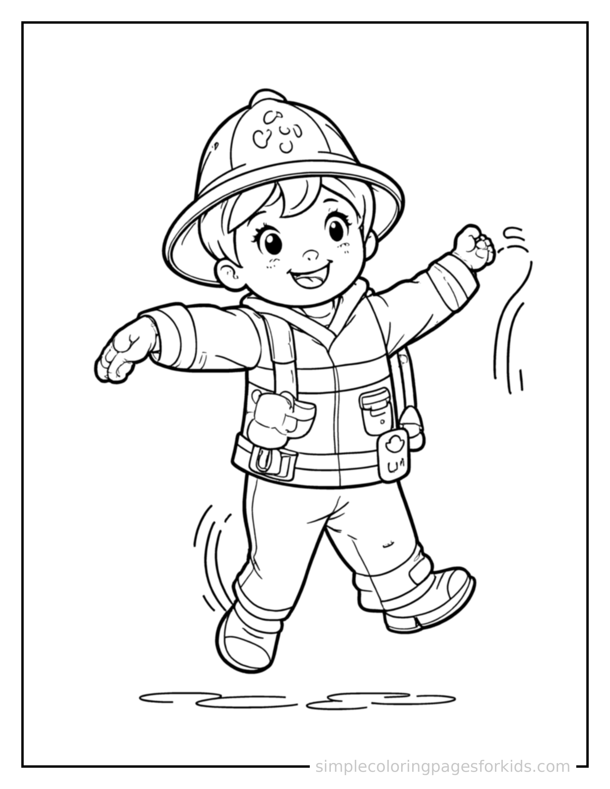 Free printable firefighter coloring page featuring a cute firefighter wearing a helmet and holding a hose mid-jump with arms and legs stretched out playfully, mouth open with excitement.