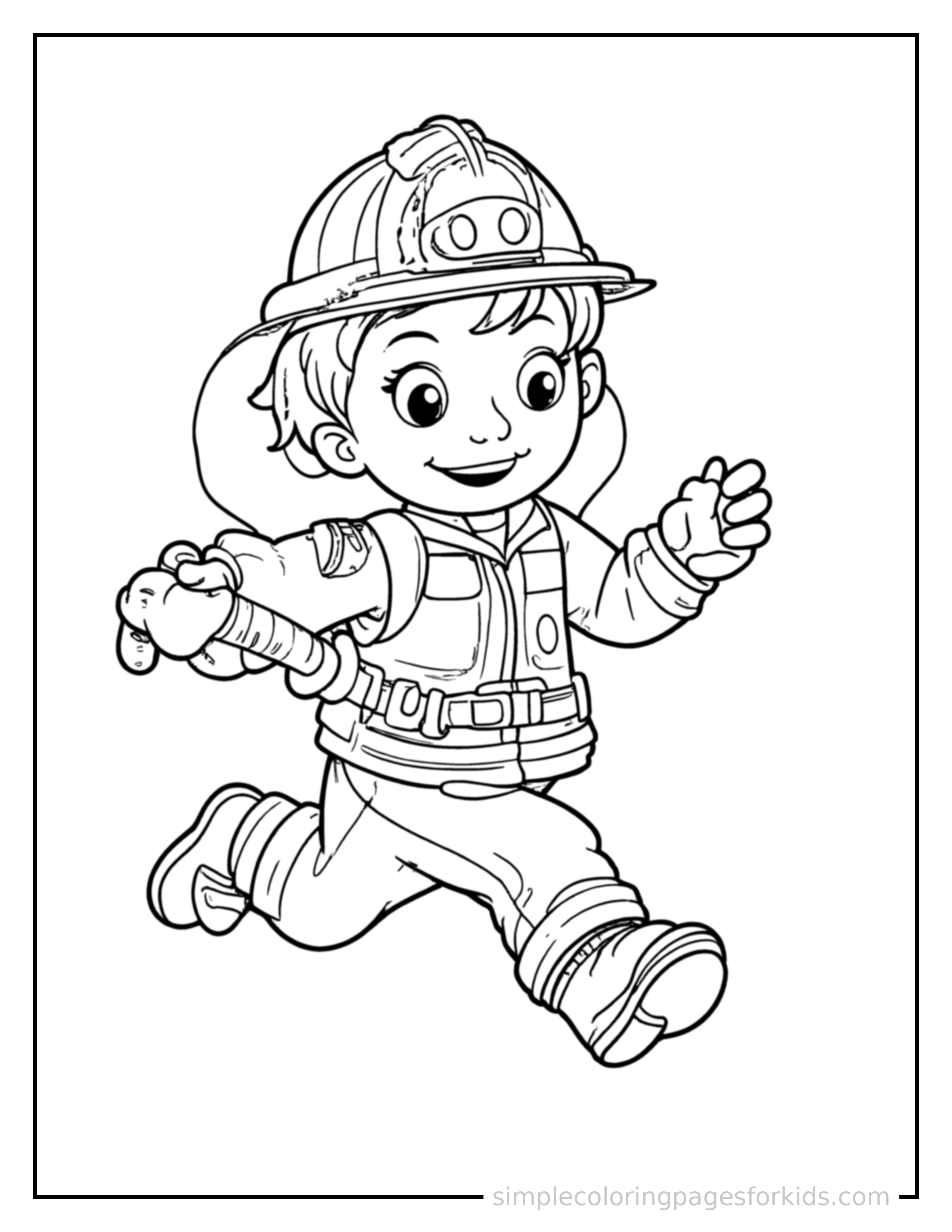 Free printable firefighter coloring page featuring a cute firefighter wearing a helmet and holding a hose running forward at full speed, arms pumping, big happy grin.