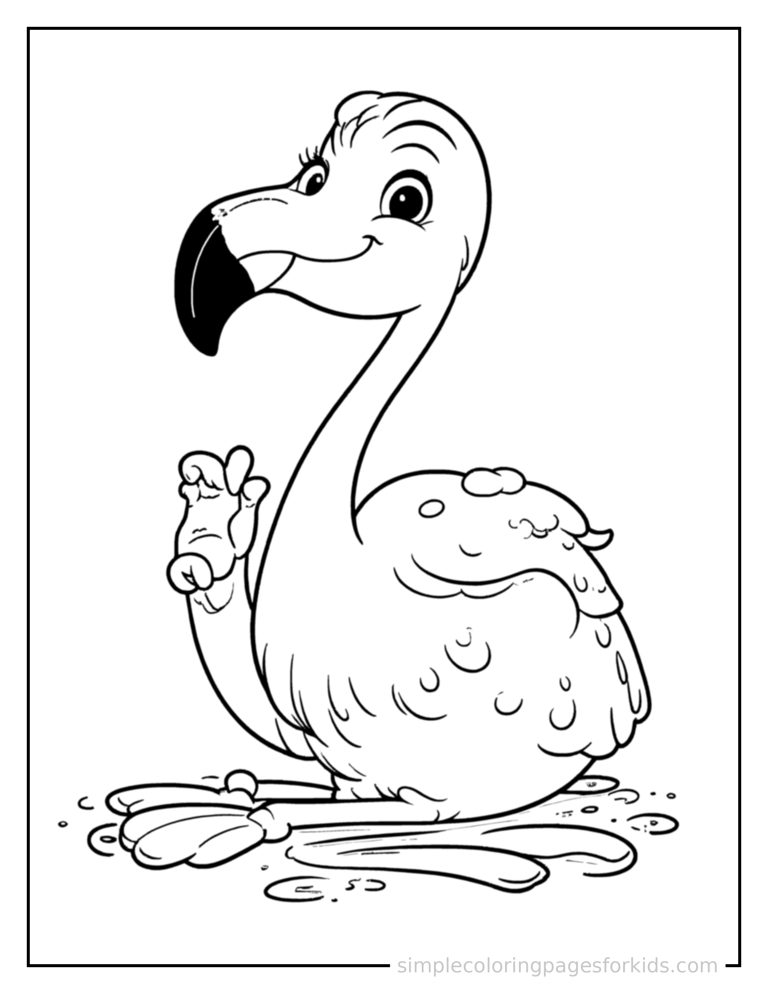 Free printable flamingo coloring page featuring a cute flamingo sitting up tall with a big cheerful grin, head tilted slightly, one paw raised in a wave.