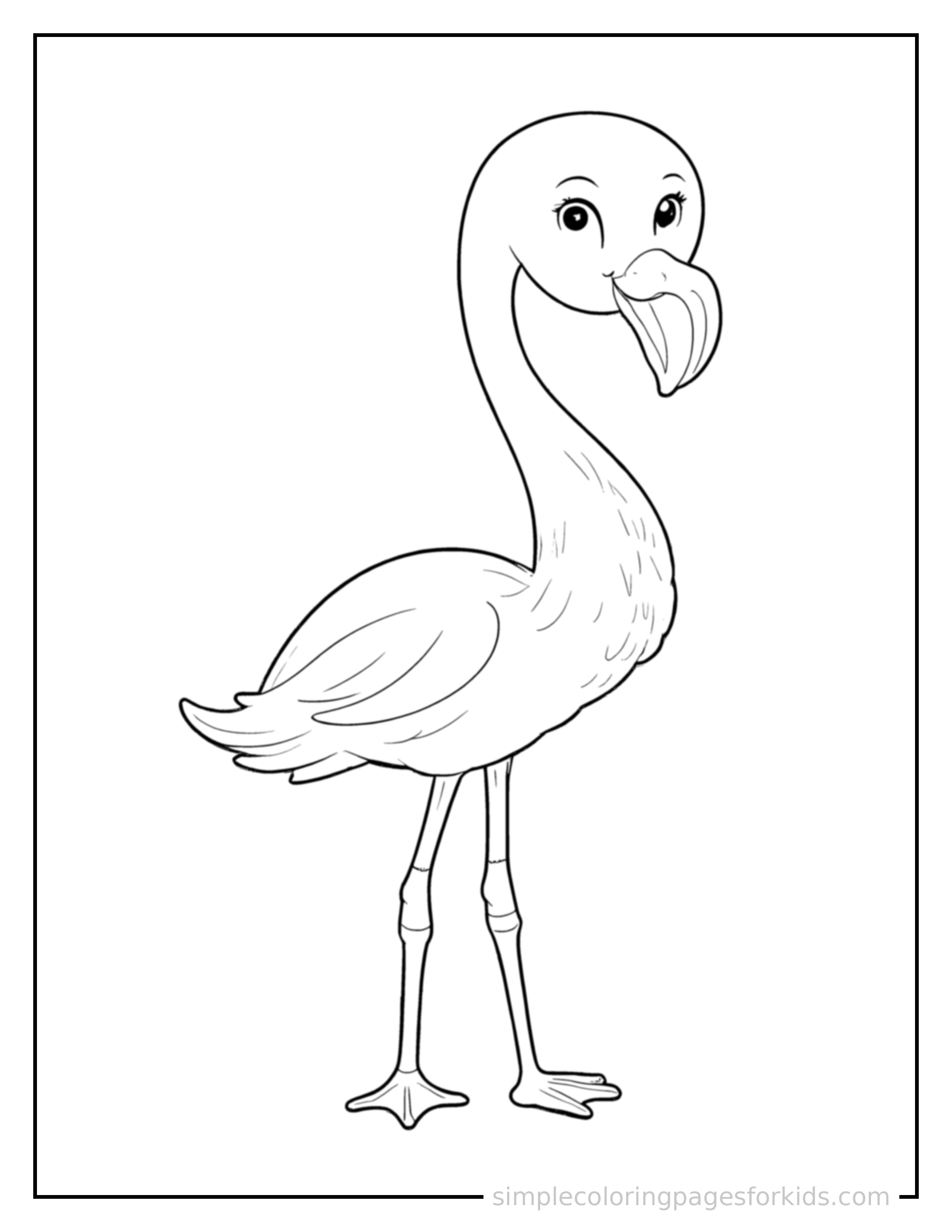 Free printable flamingo coloring page featuring a cute flamingo standing proudly on all fours, chest puffed out, big sparkling happy eyes, mouth open in a joyful smile.