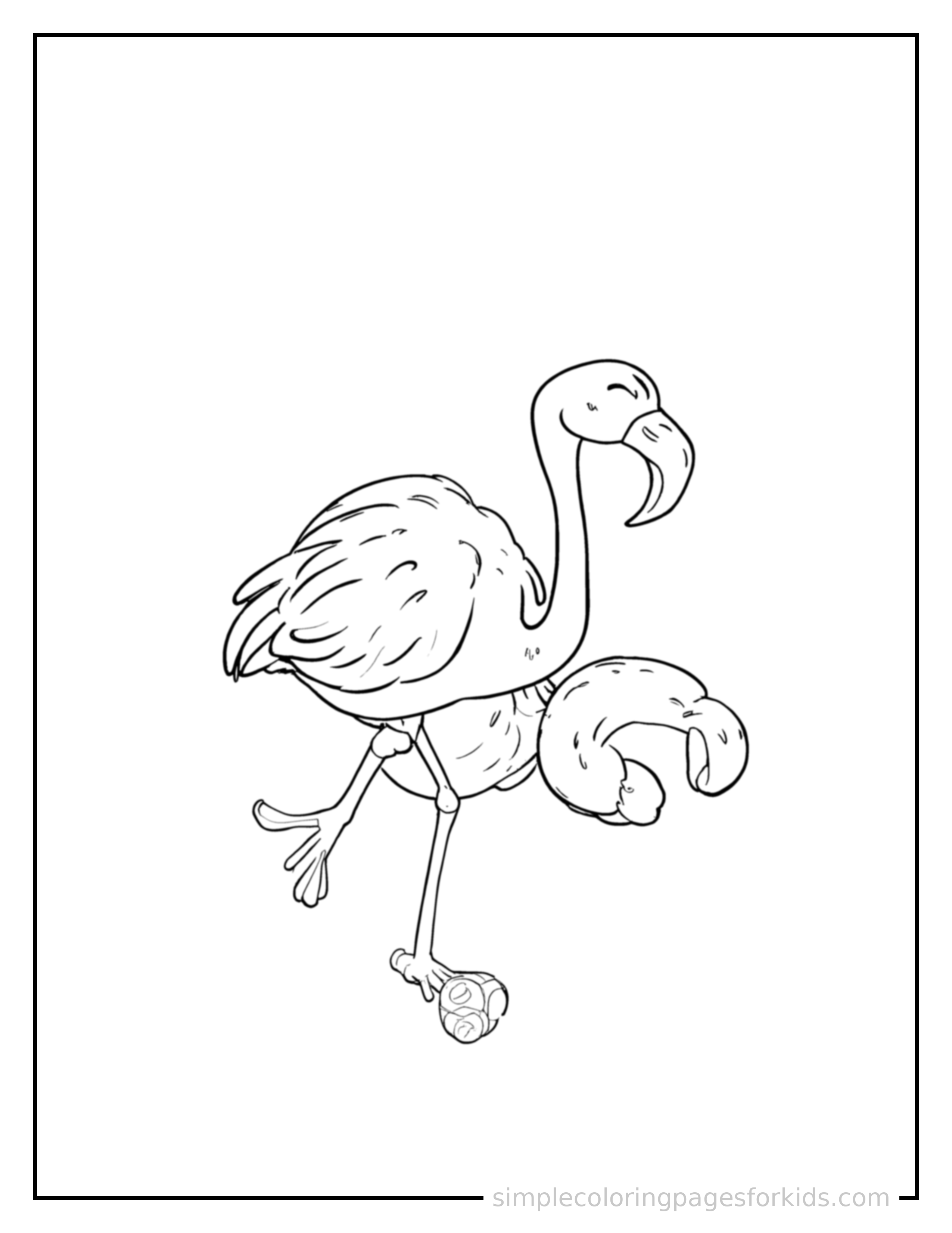 Free printable flamingo coloring page featuring a cute flamingo mid-bounce chasing a round ball, front paws stretched forward, mouth open with excitement, ears flopping.
