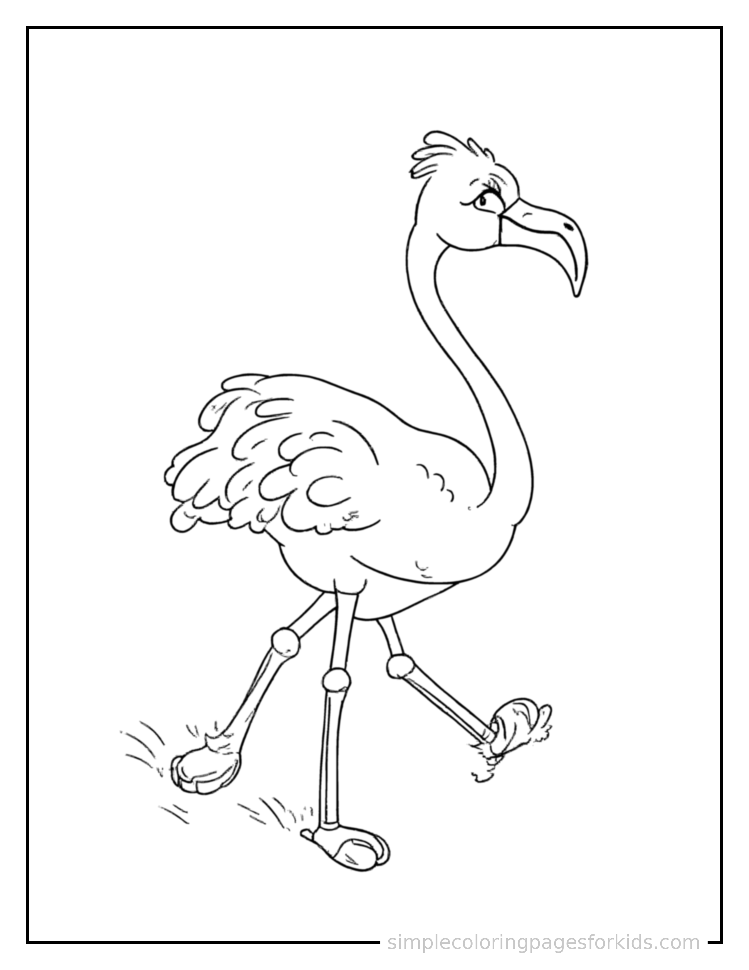 Free printable flamingo coloring page featuring a cute flamingo galloping forward at full speed, tongue out, ears flying back, big happy grin.