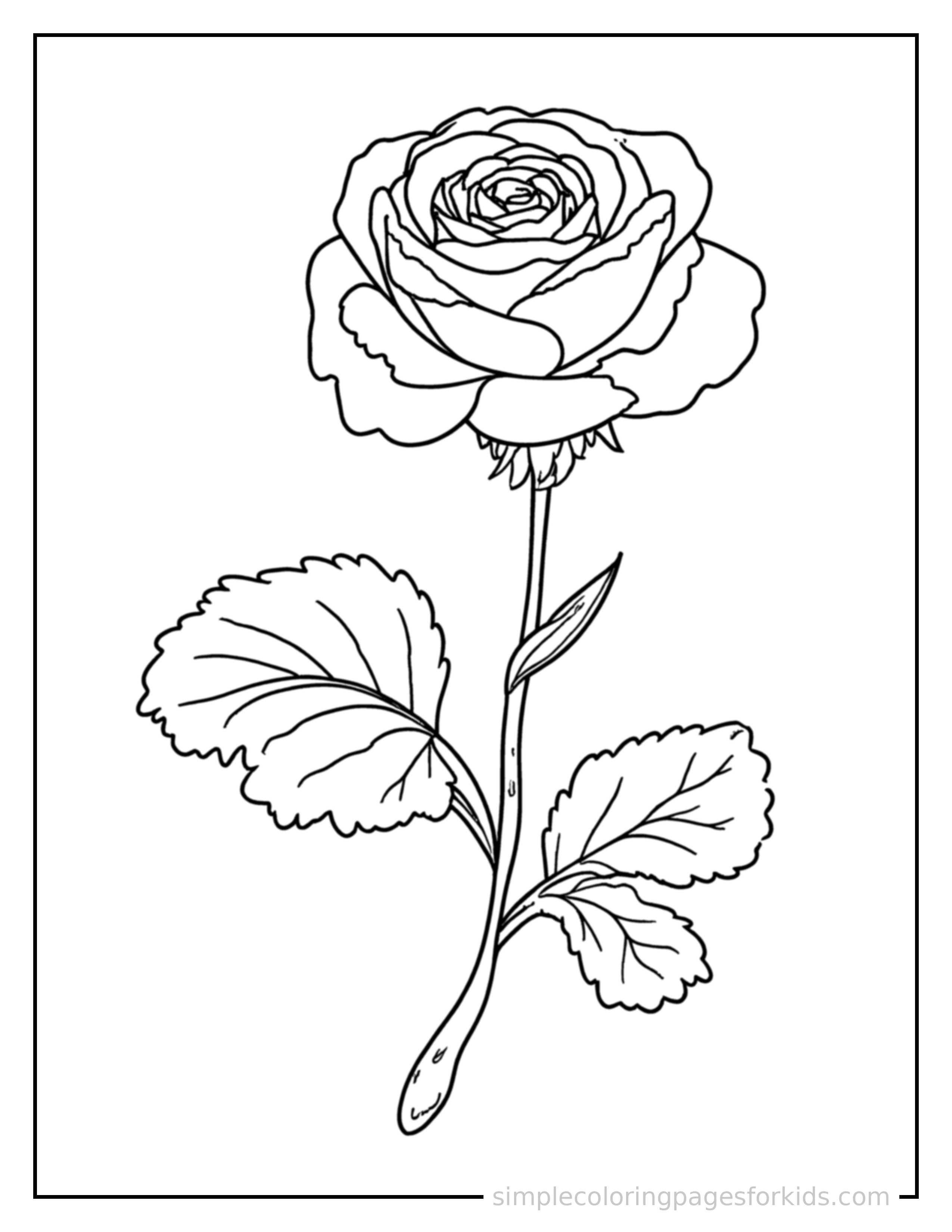 Free printable flowers coloring page featuring a rose in full bloom with detailed petals.