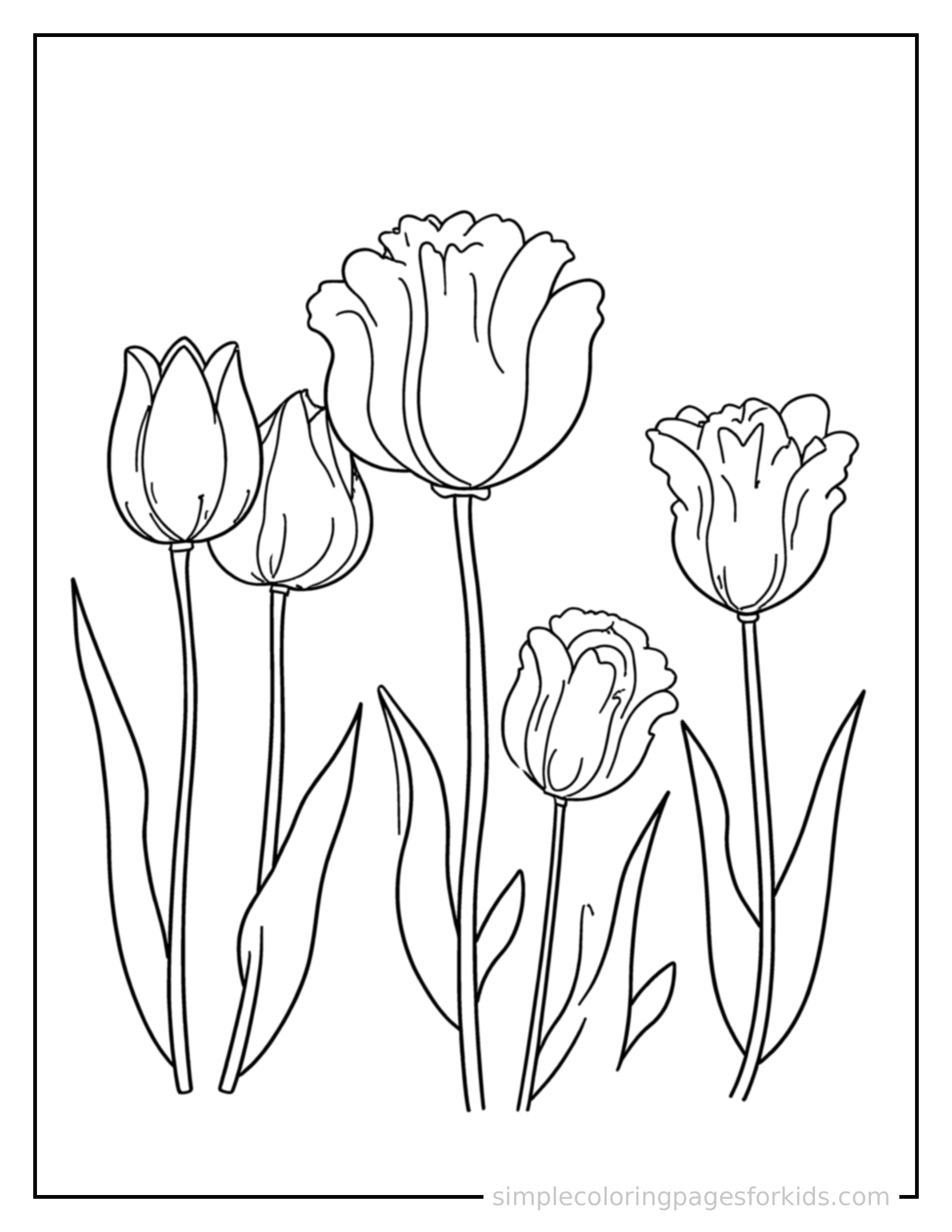 Free printable flowers coloring page featuring a row of tulips of different simple shapes.