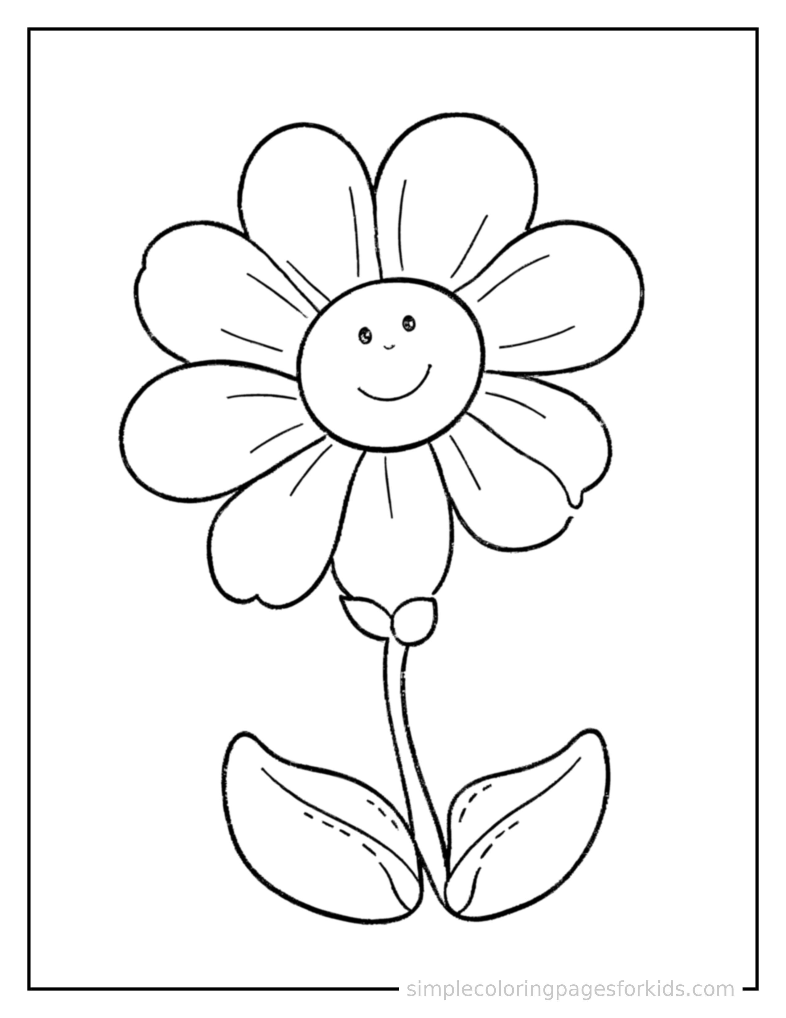 Free printable flowers coloring page featuring a daisy with rounded petals and a smiling center.