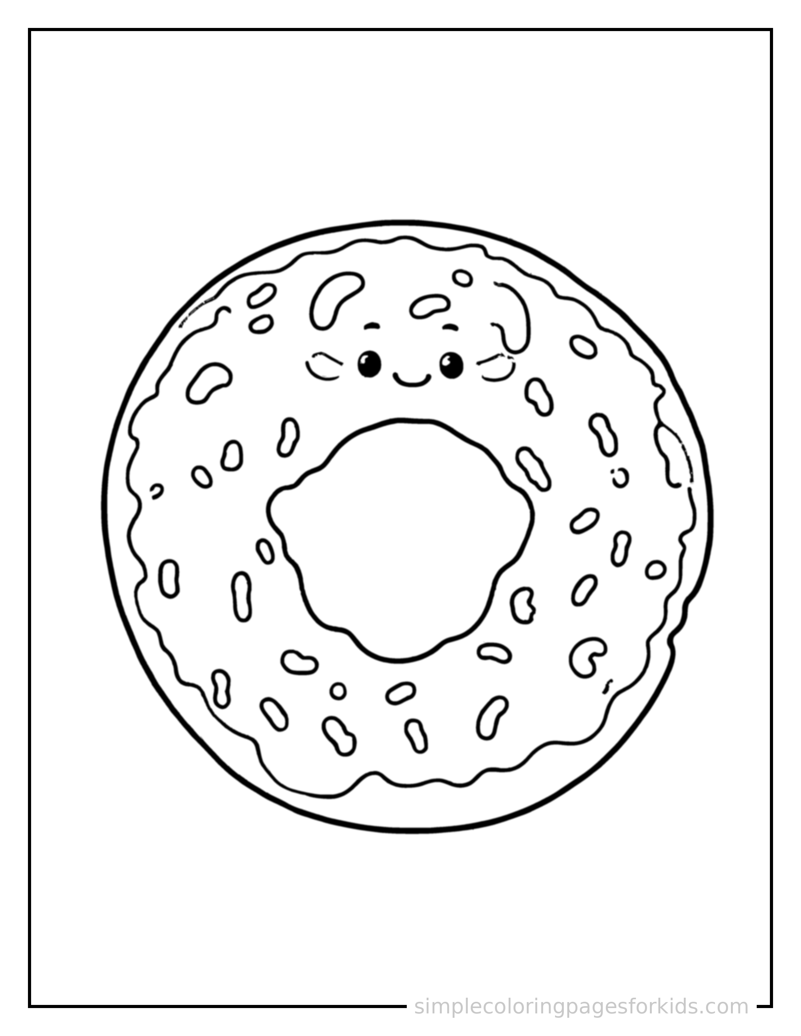 Free printable glazed donut with sprinkles coloring page featuring a cute glazed donut with sprinkles, shown as a simple central illustration with a cute smiling face.