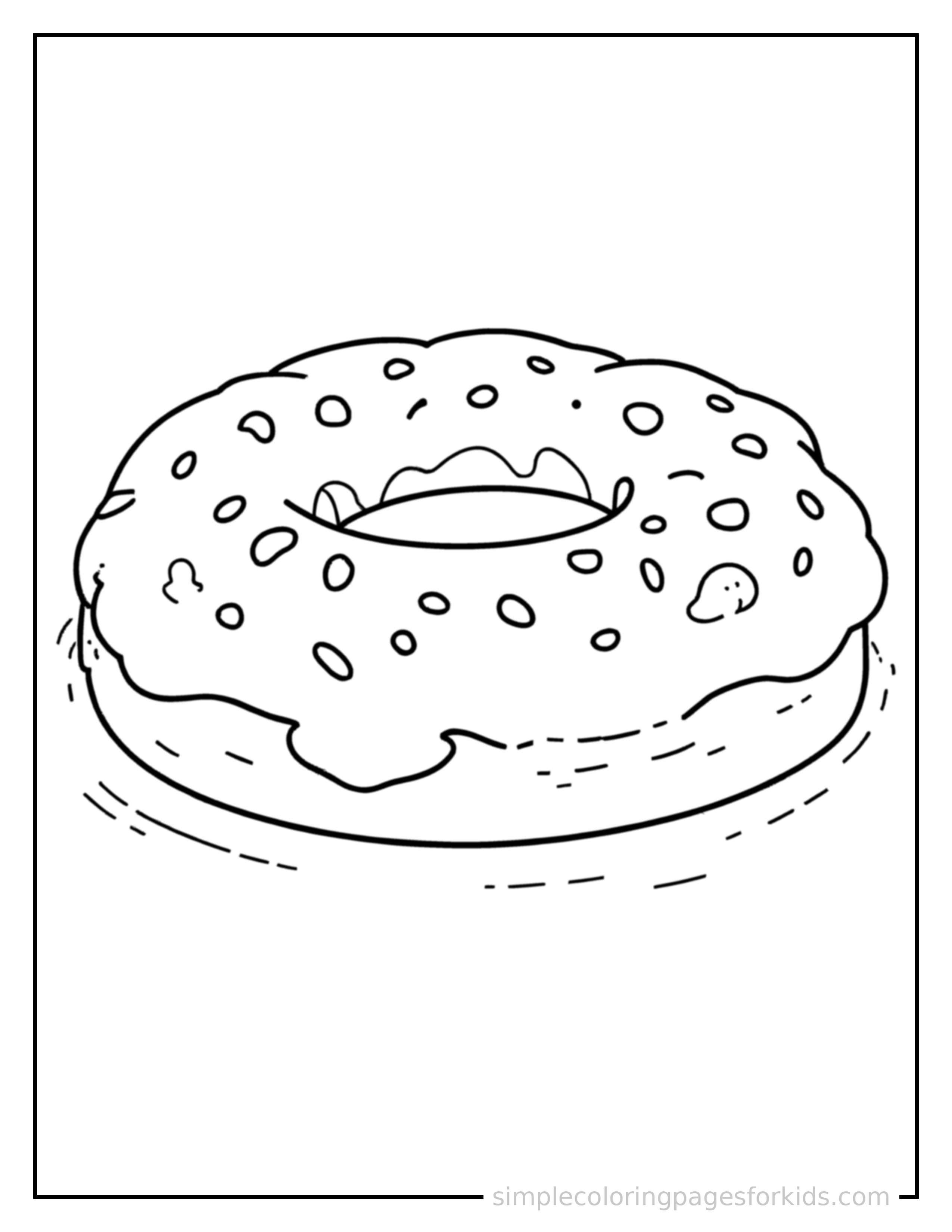 Free printable glazed donut with sprinkles coloring page featuring a cute glazed donut with sprinkles, shown with a smaller mini version of itself beside it.