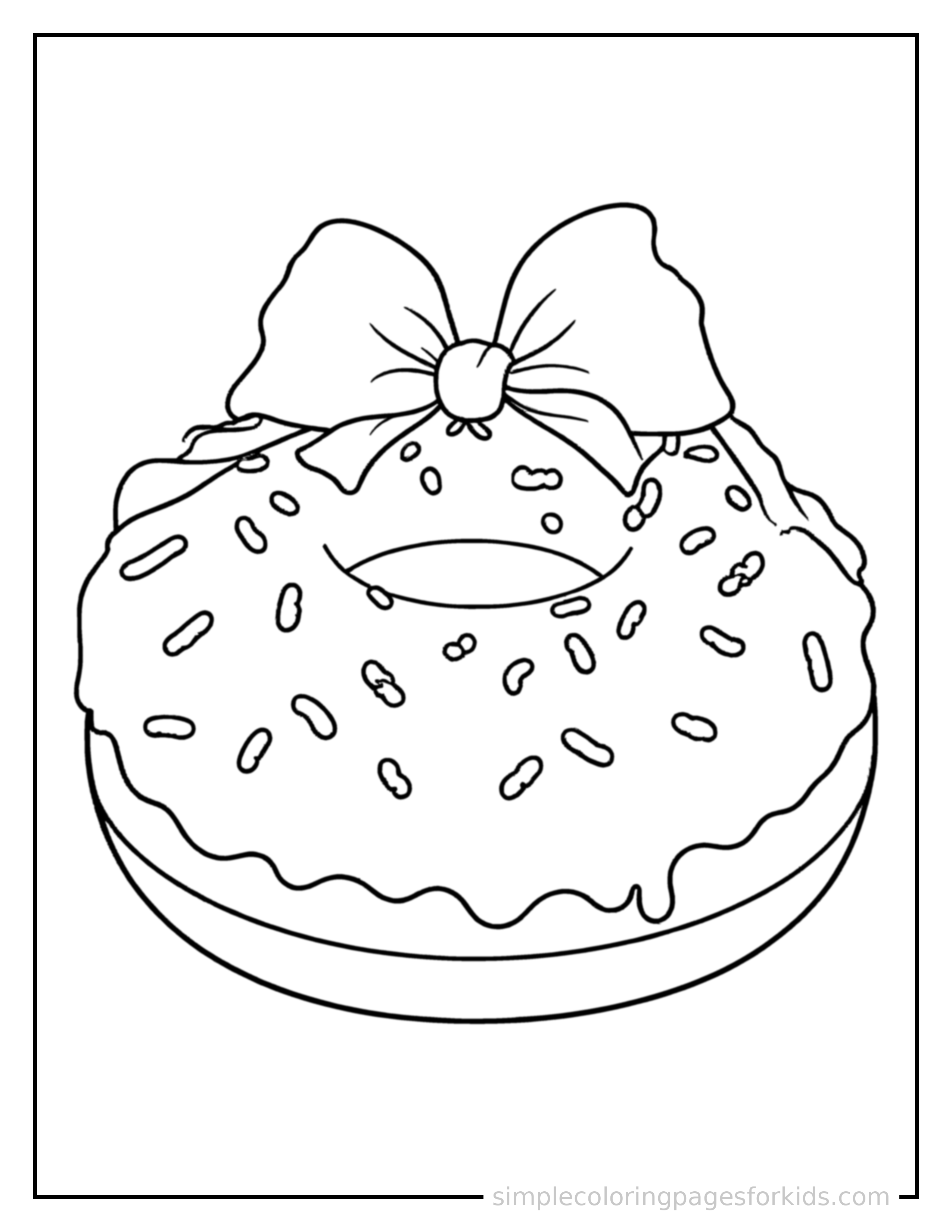 Free printable glazed donut with sprinkles coloring page featuring a cute glazed donut with sprinkles, decorated with a simple bow or ribbon for a festive touch.