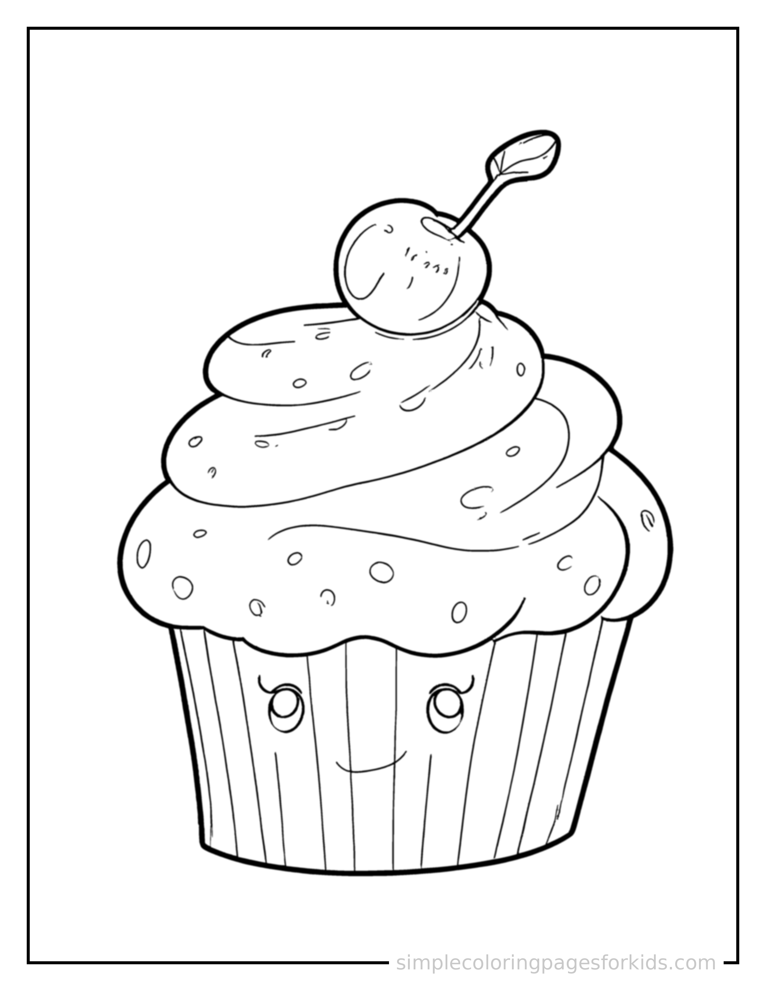Free printable frosted cupcake with a cherry coloring page featuring a cute frosted cupcake with a cherry, shown as a simple central illustration with a cute smiling face.