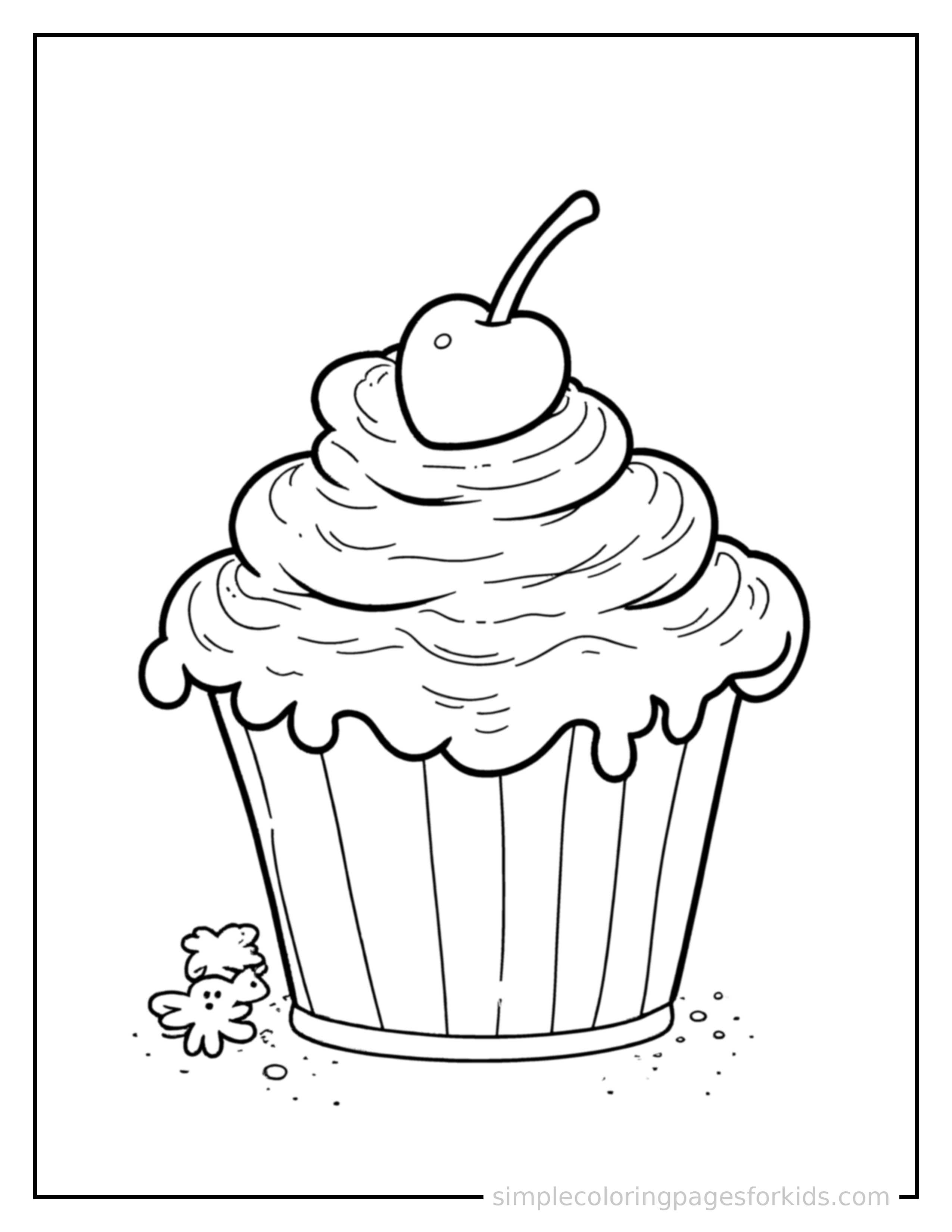 Free printable frosted cupcake with a cherry coloring page featuring a cute frosted cupcake with a cherry, shown from a slightly different angle with small decorative sparkle marks nearby.