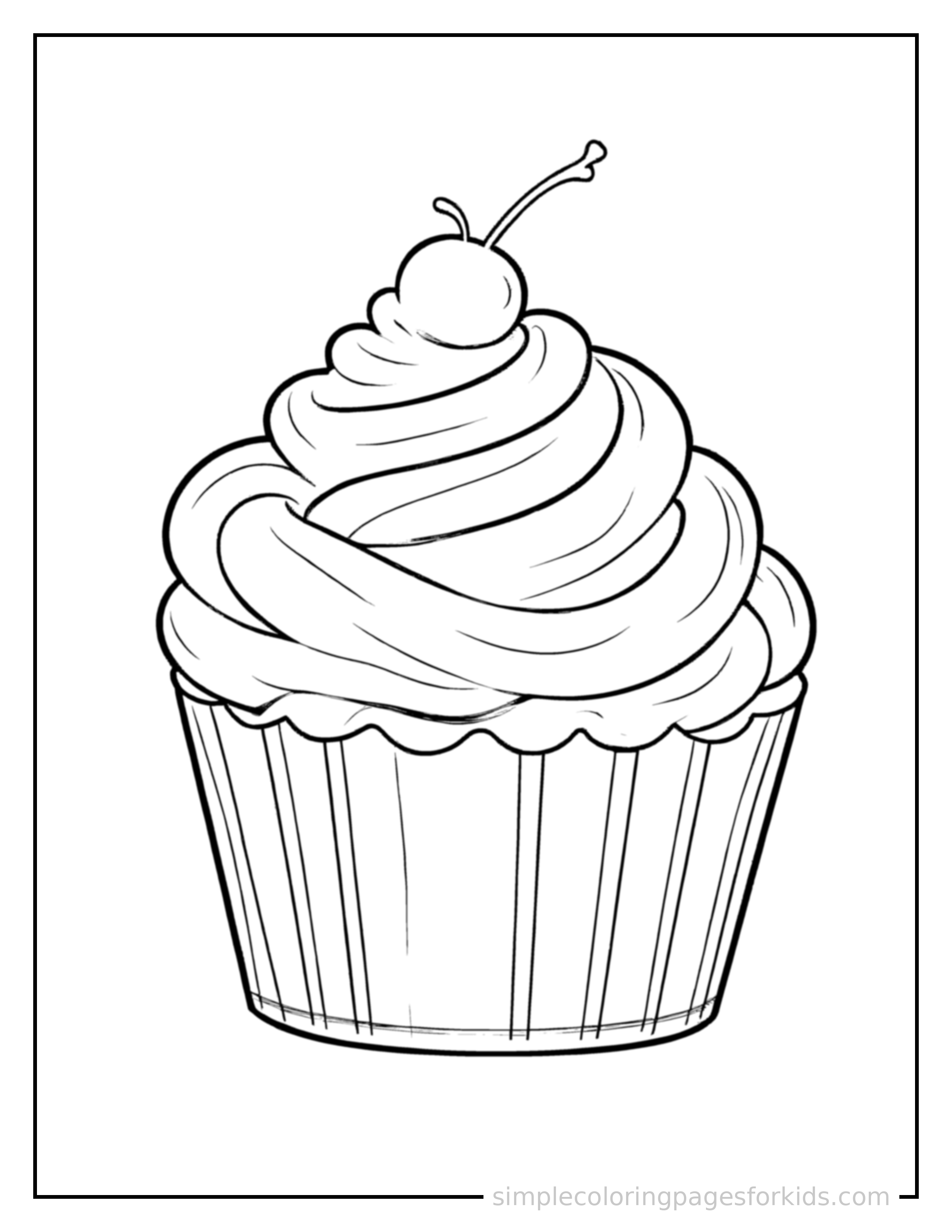 Free printable frosted cupcake with a cherry coloring page featuring a cute frosted cupcake with a cherry, shown with a smaller mini version of itself beside it.