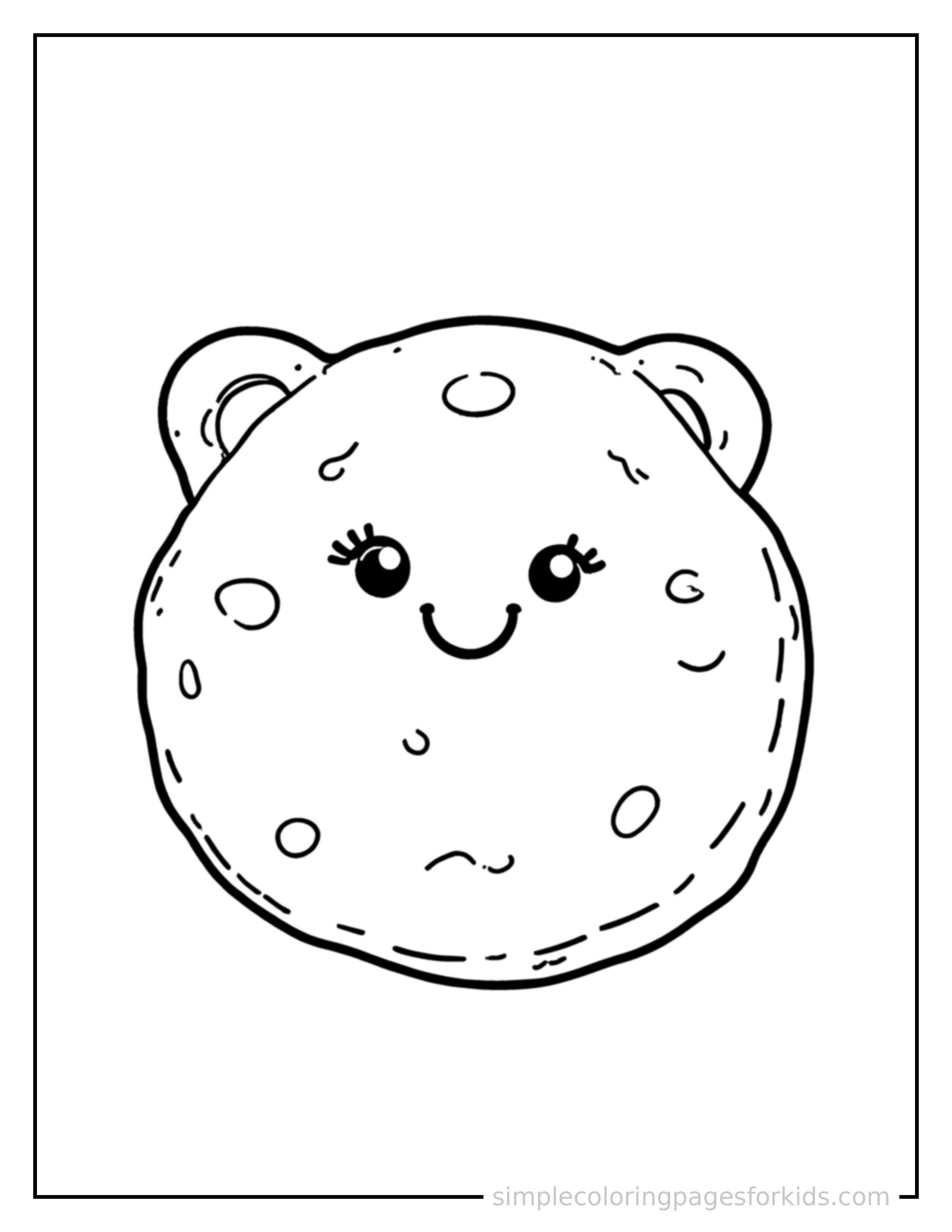 Free printable chocolate chip cookie coloring page featuring a cute chocolate chip cookie, shown as a simple central illustration with a cute smiling face.